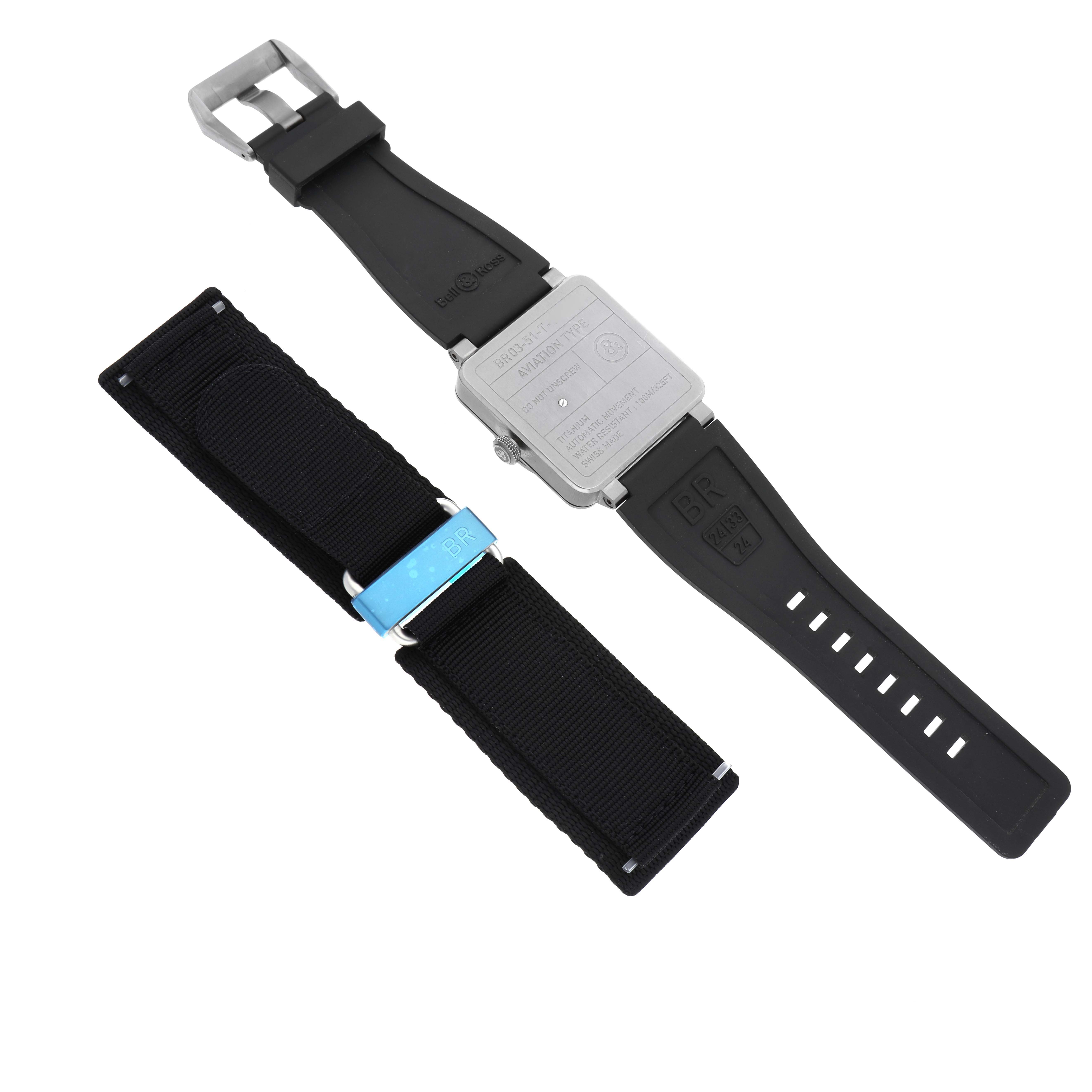 The image shows the back side of the Bell & Ross Aeronavale watch and an additional strap.