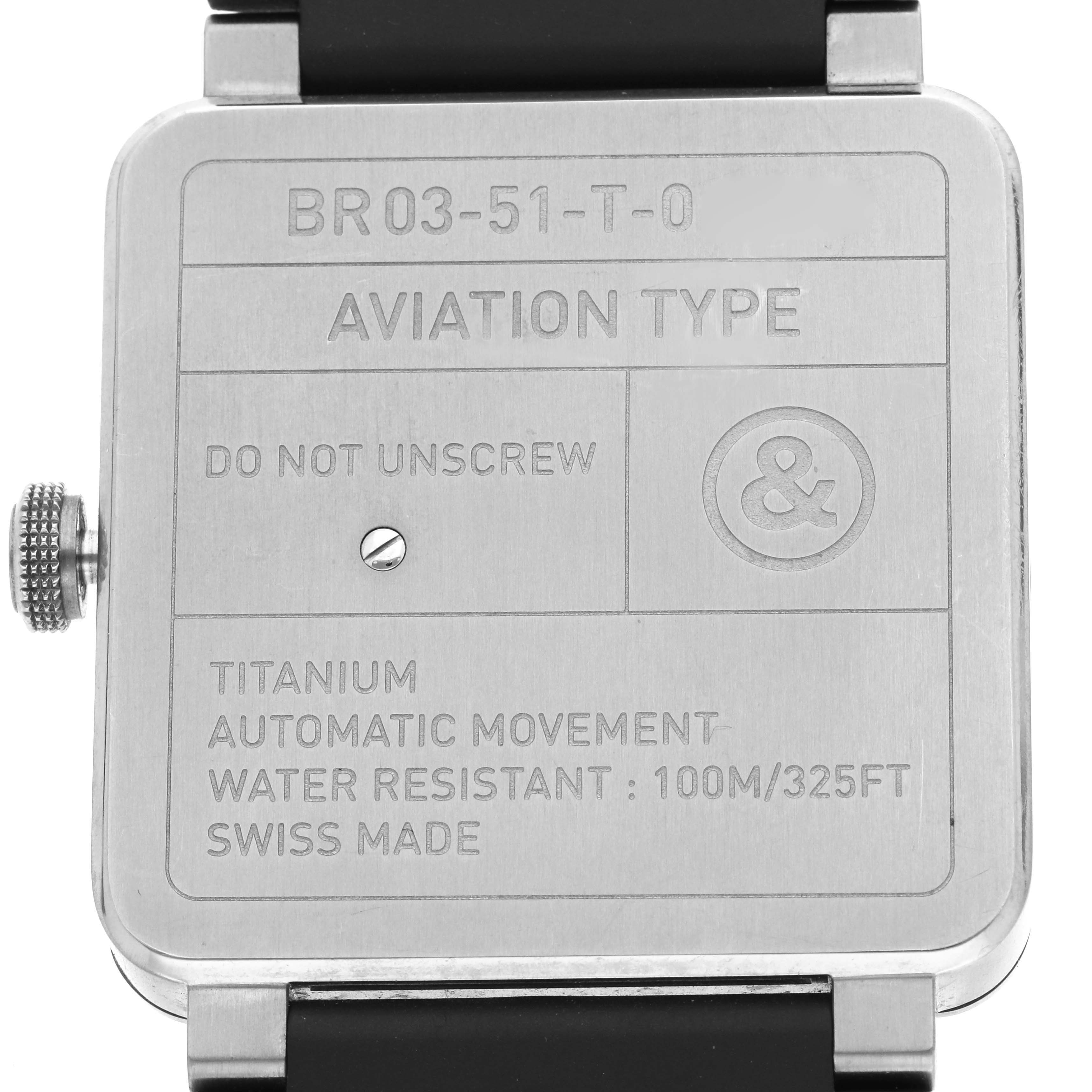 The image displays the back case of the Aeronavale model watch by Bell & Ross, featuring inscriptions about its specifications.