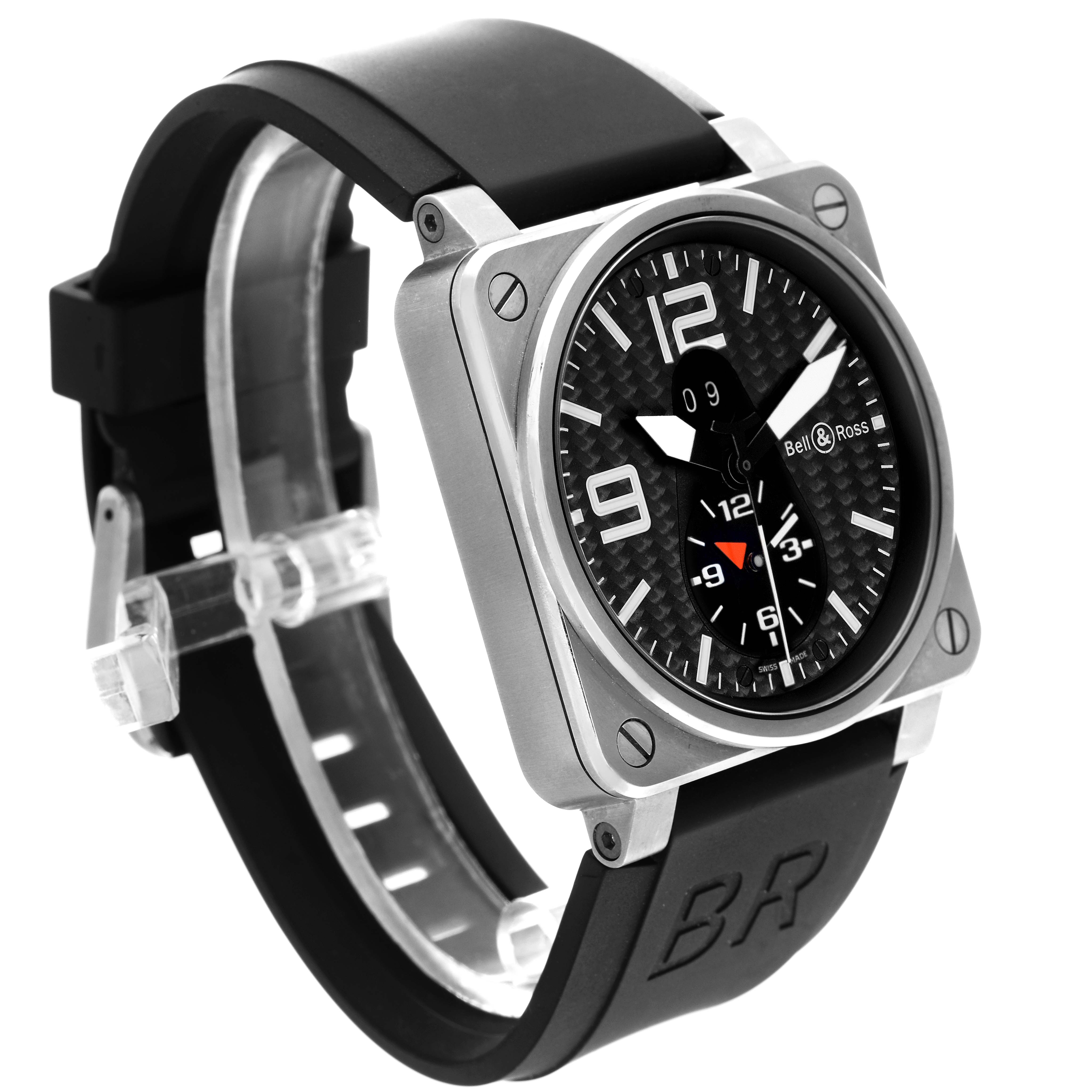 The image shows a side angle of the Bell & Ross Aeronavale watch, highlighting its face, case, and rubber strap.