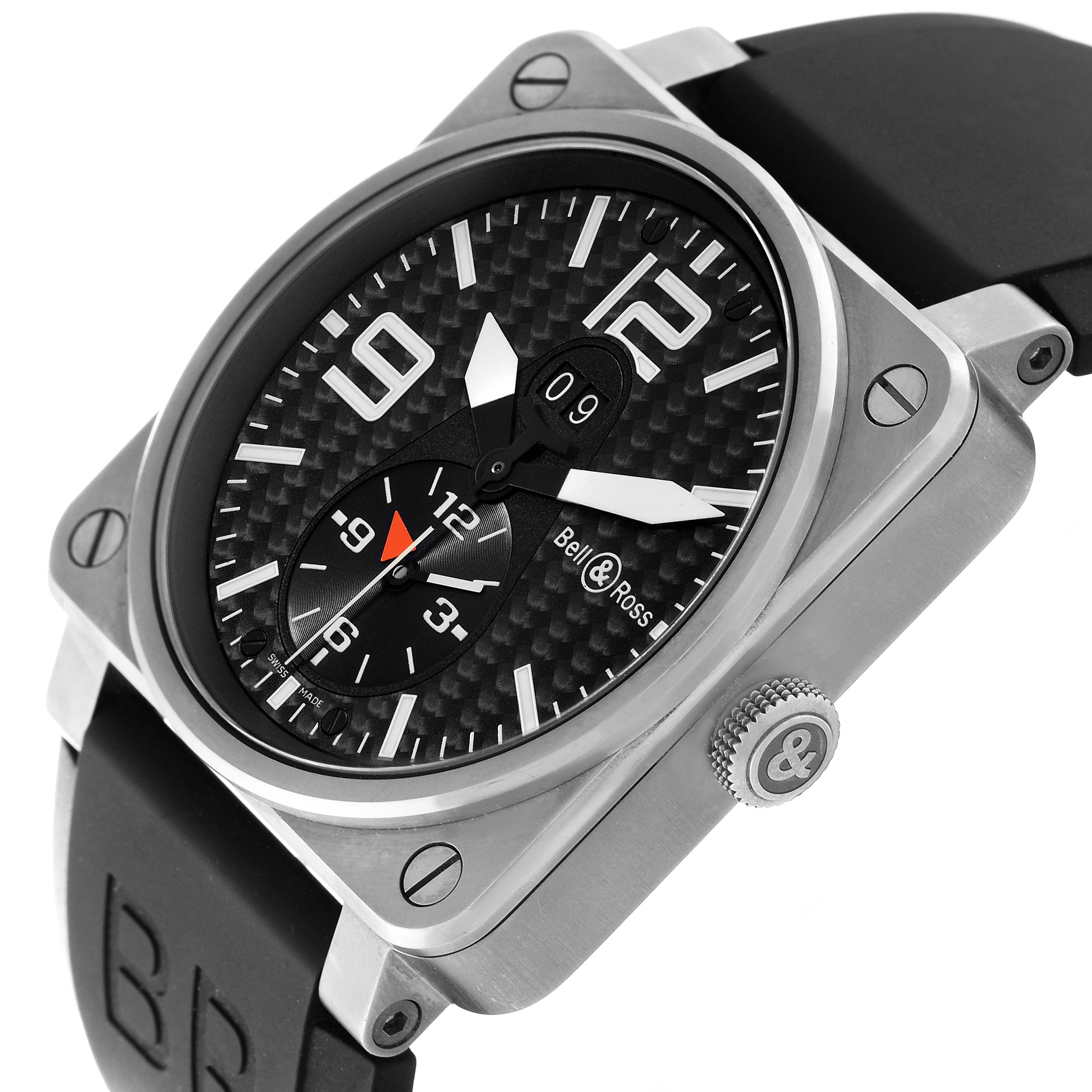 The image shows a side angle of the Bell & Ross Aeronavale watch, highlighting its dial, hands, and part of the strap and crown.