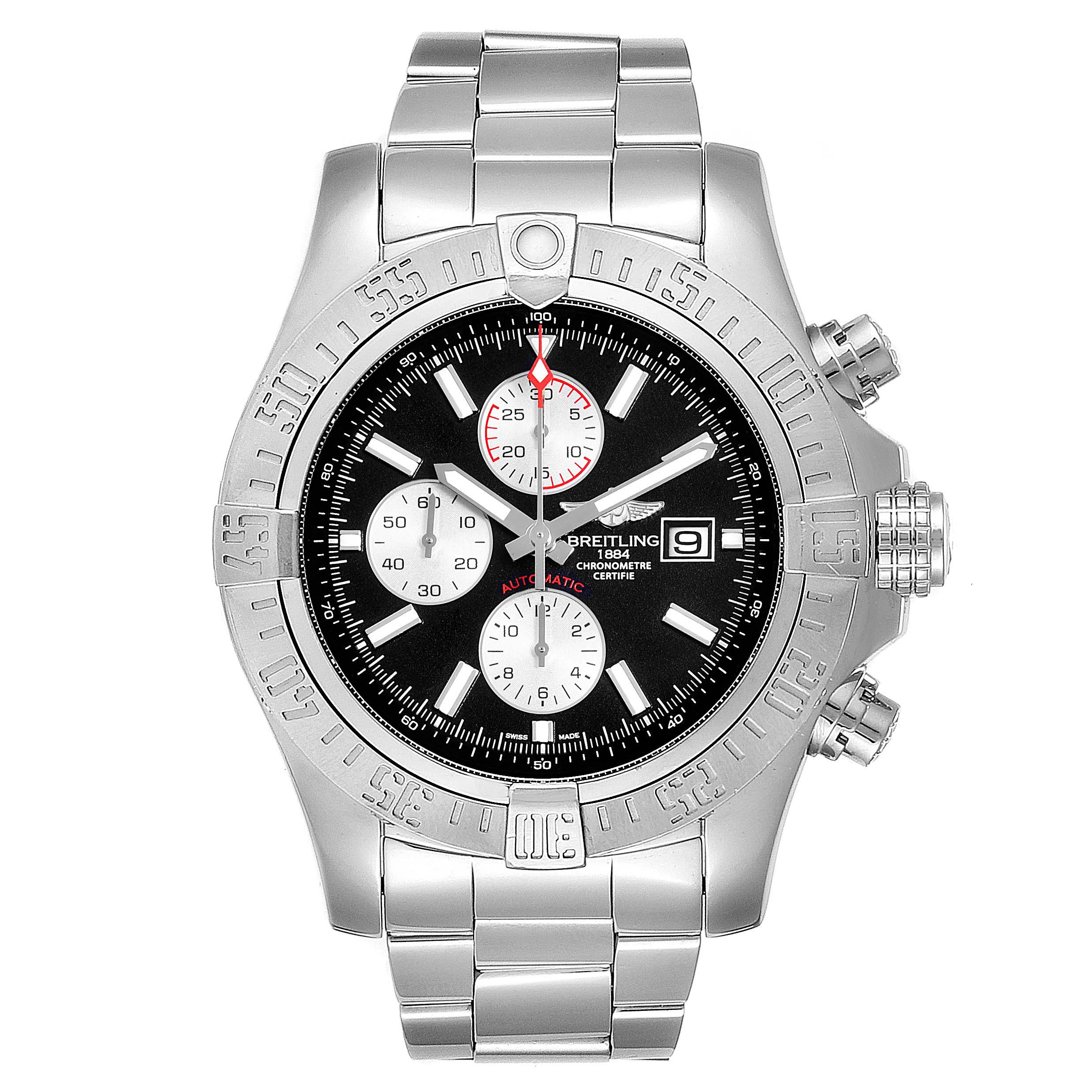 The image shows a front view of the Breitling Avenger A13371 Men's Stainless Steel Black Dial A13371 Men's Stainless Steel Black Dial model watch, displaying its dial, bezel, and bracelet.