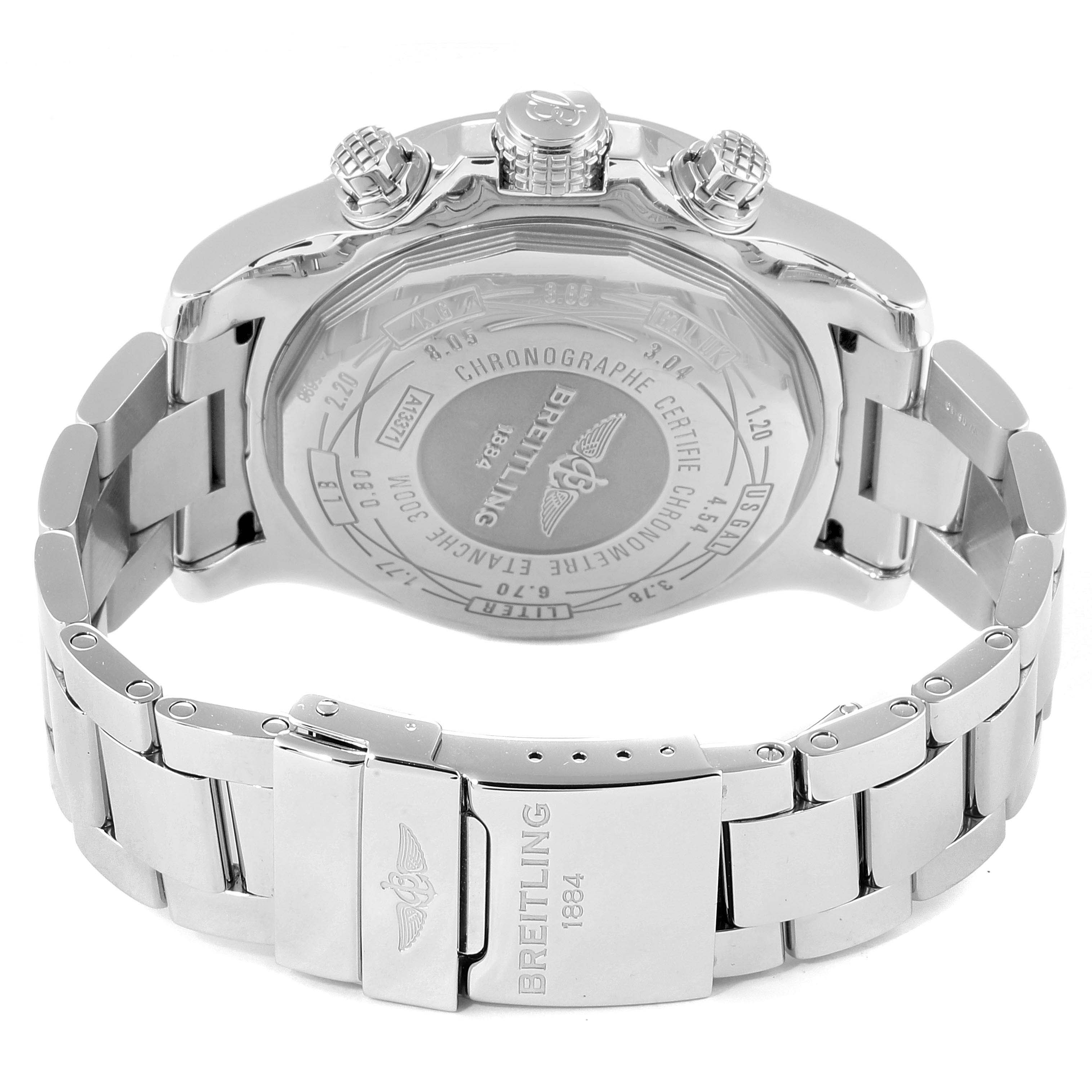 This image shows the back and bracelet of the Breitling Avenger A13371 Men's Stainless Steel Black Dial A13371 Men's Stainless Steel Black Dial watch at an angled view.