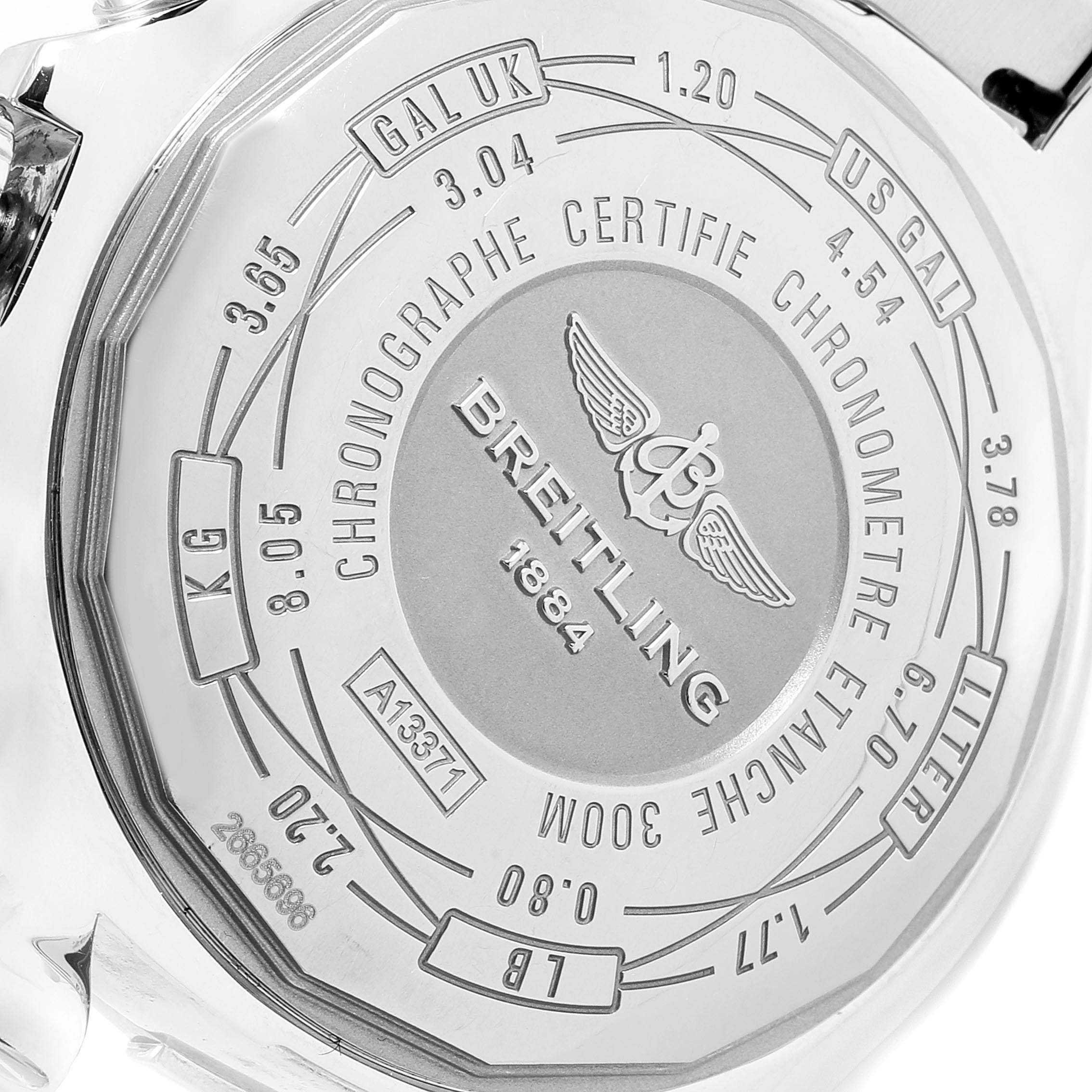 The image shows the case back of a Breitling Avenger A13371 Men's Stainless Steel Black Dial A13371 Men's Stainless Steel Black Dial watch, displaying detailed engravings and specifications.