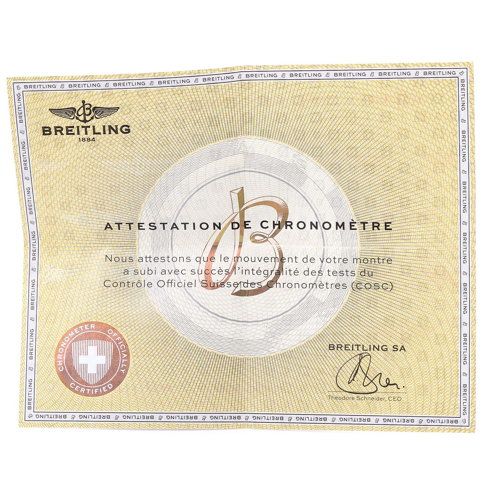 The image shows a close-up of the Breitling Avenger A13371 Men's Stainless Steel Black Dial A13371 Men's Stainless Steel Black Dial model's chronometer certificate.