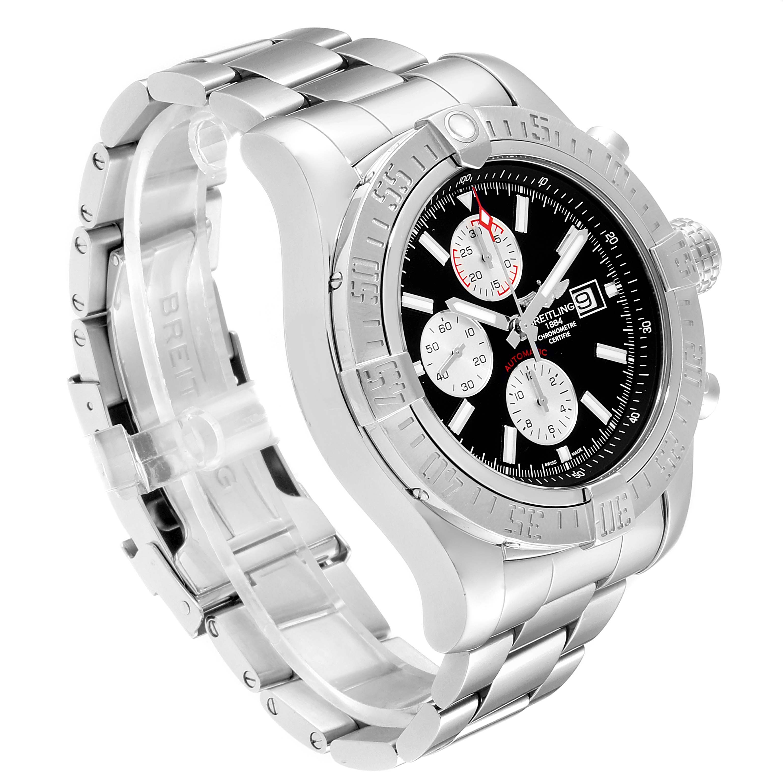 The Breitling Avenger A13371 Men's Stainless Steel Black Dial A13371 Men's Stainless Steel Black Dial watch is shown at a slight angle, highlighting its stainless steel bracelet, black dial, and chronograph features.