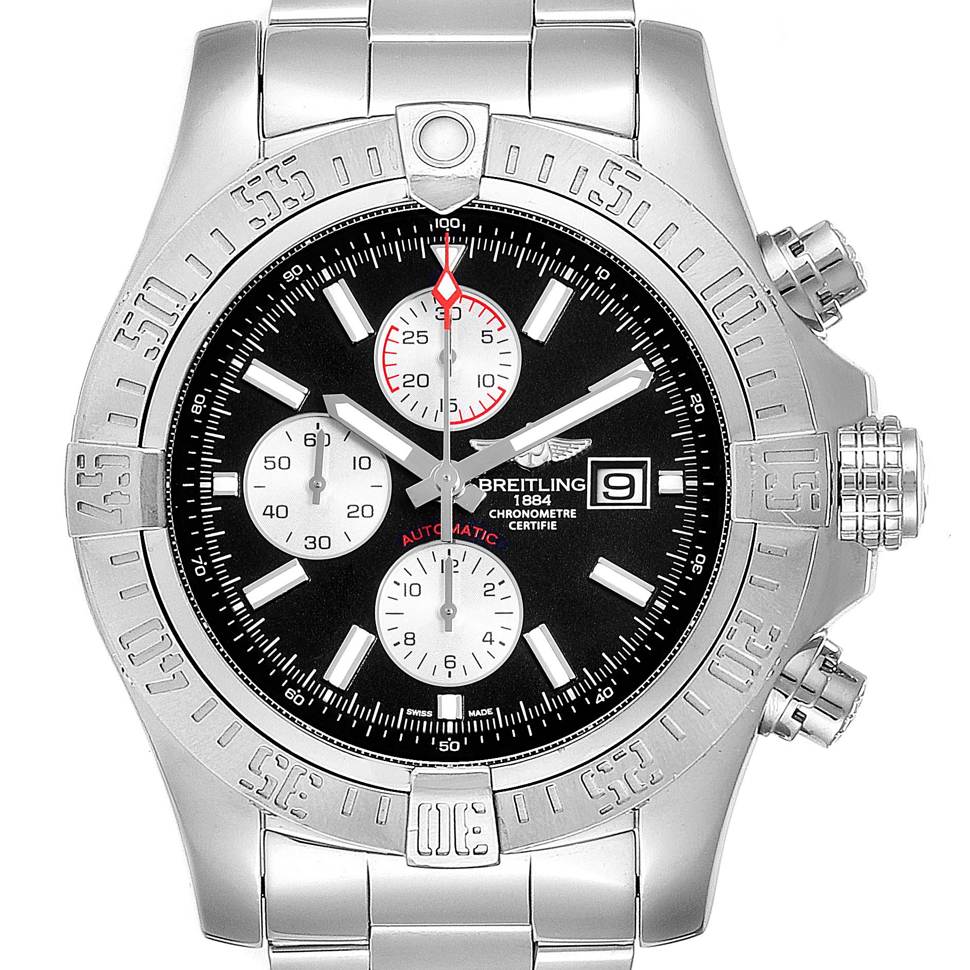 This image shows a front view of the Breitling Avenger A13371 Men's Stainless Steel Black Dial A13371 Men's Stainless Steel Black Dial watch, displaying the watch face, bezel, and bracelet.