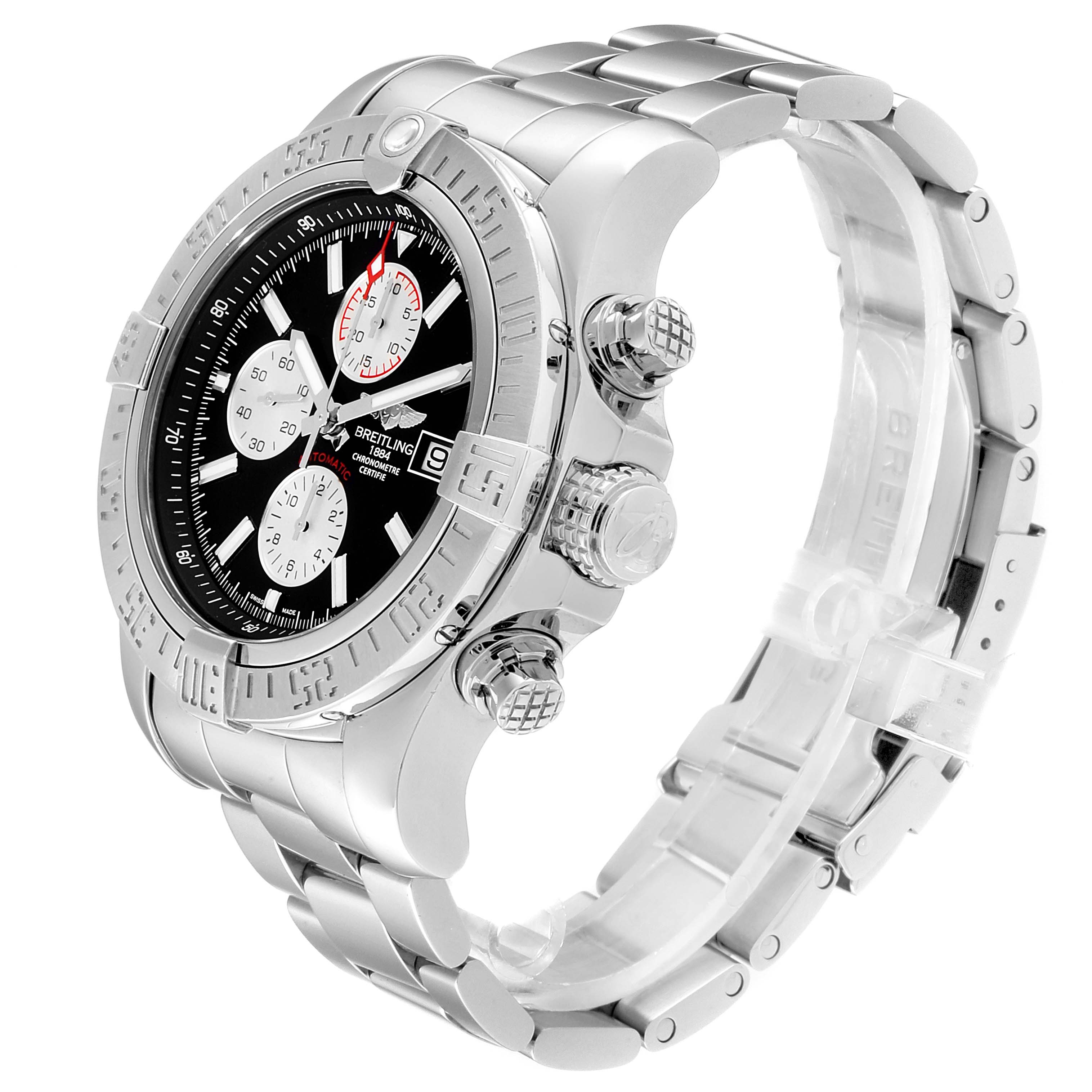 This image shows a side-angle view of the Breitling Avenger A13371 Men's Stainless Steel Black Dial A13371 Men's Stainless Steel Black Dial watch, highlighting the dial, bezel, and bracelet.