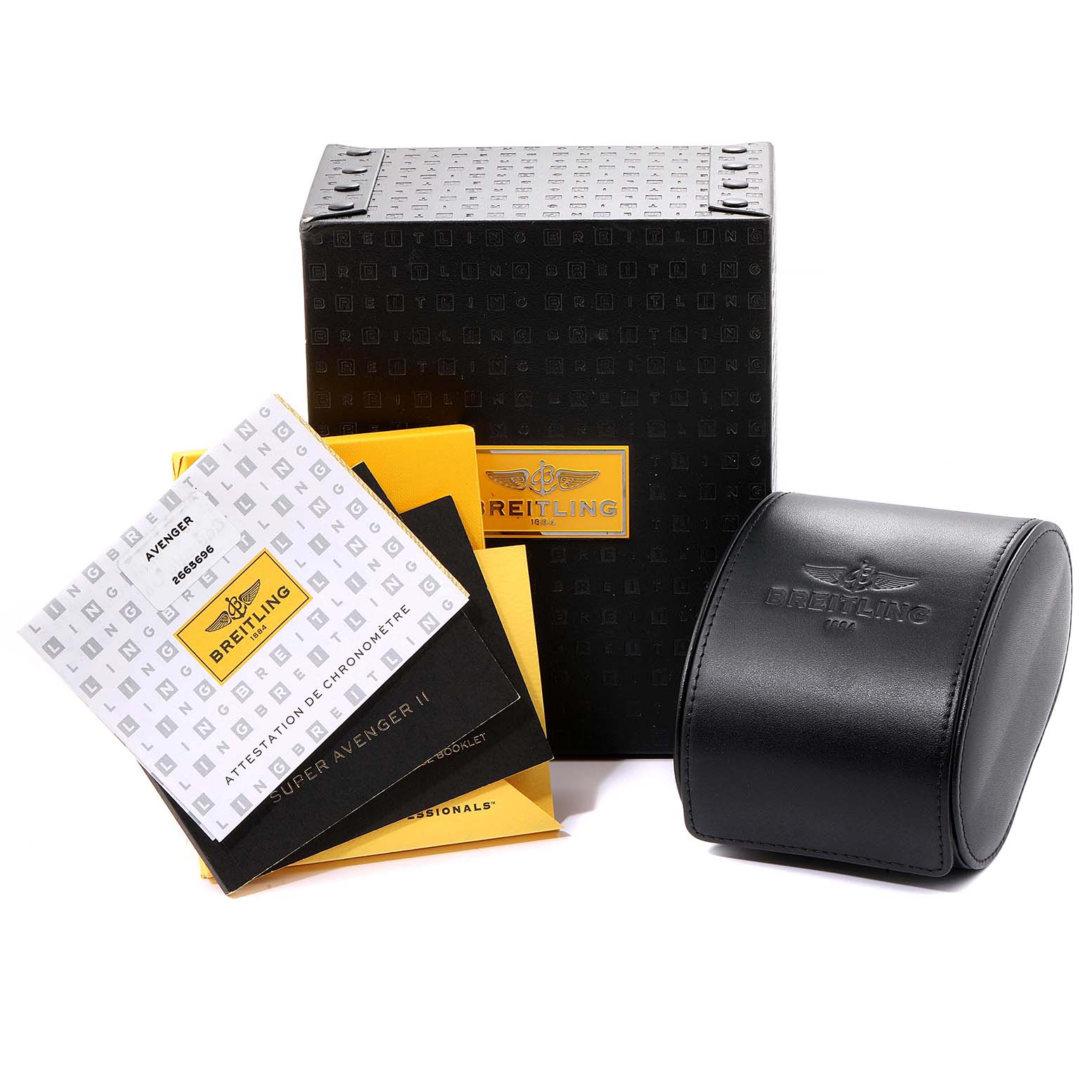 The image shows the packaging and accessories of a Breitling Avenger A13371 Men's Stainless Steel Black Dial A13371 Men's Stainless Steel Black Dial watch, including a box, manual, and protective case.