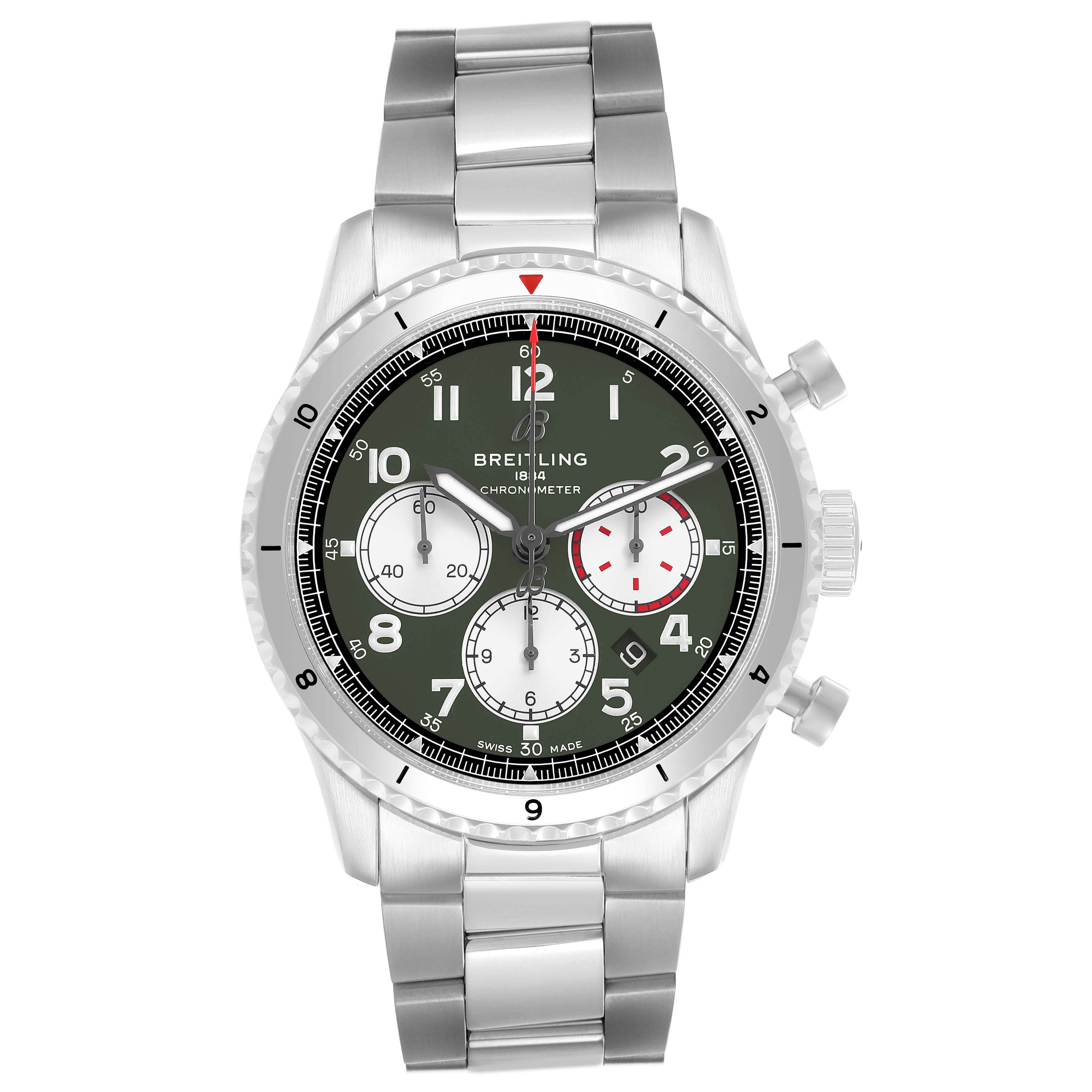 The Breitling Aviator AB01192A1L1A1 Men's Stainless Steel Green Dial watch is shown from a front angle, highlighting its bracelet, bezel, and chronograph dials.