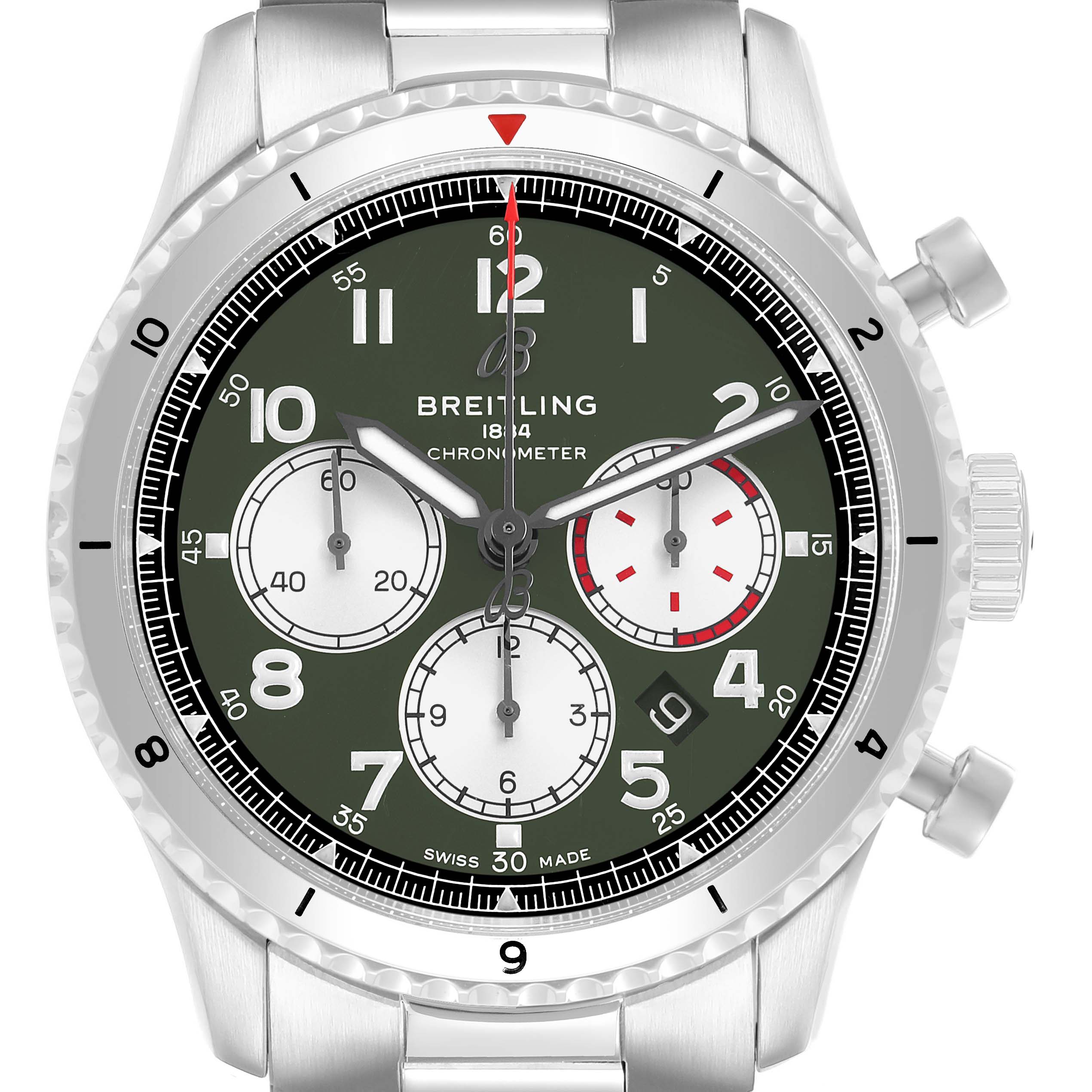 The Breitling Aviator AB01192A1L1A1 Men's Stainless Steel Green Dial watch is shown from a front view, highlighting its dial, sub-dials, bezel, and crown.
