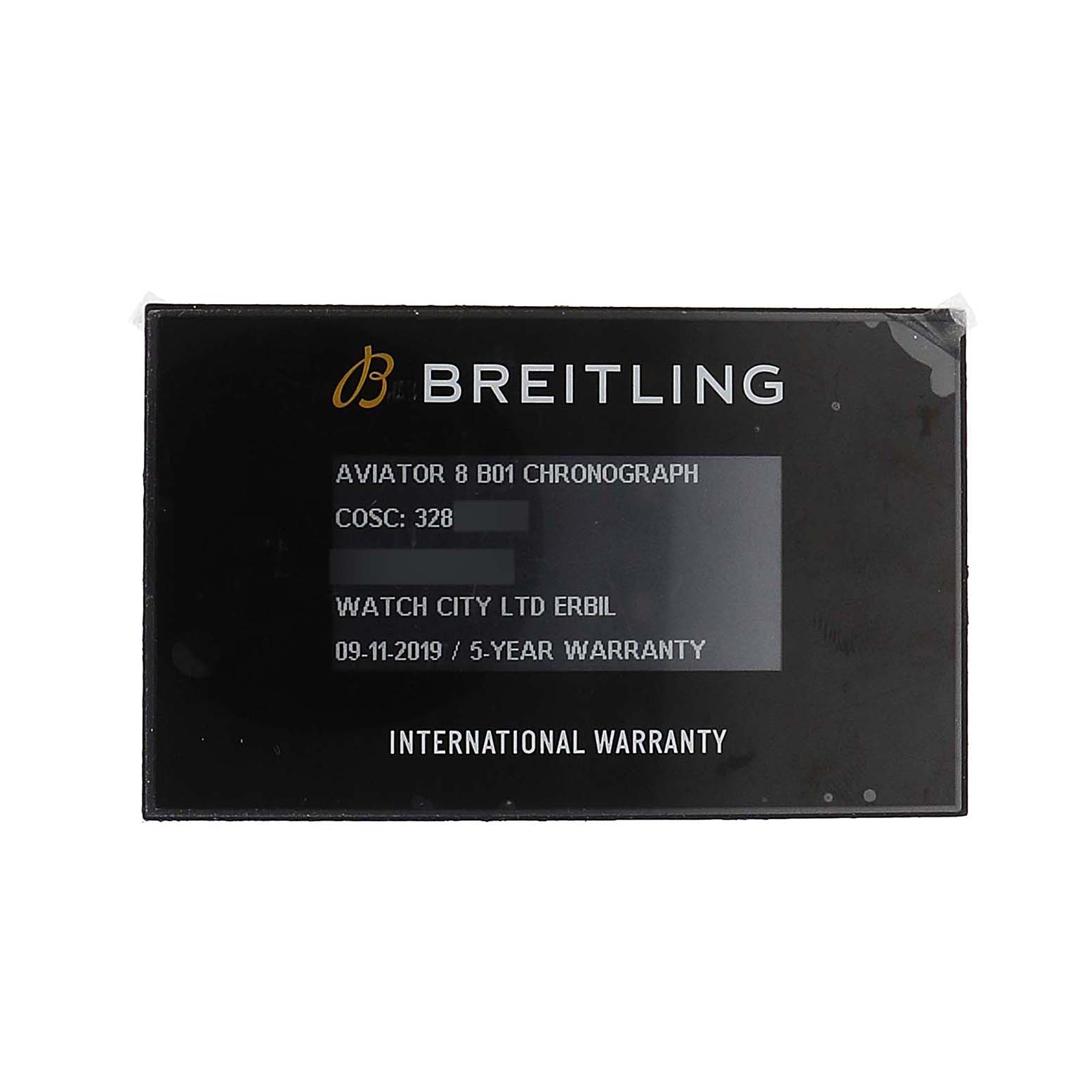 The image shows an international warranty card for the Breitling Aviator AB01192A1L1A1 Men's Stainless Steel Green Dial 8 B01 Chronograph.