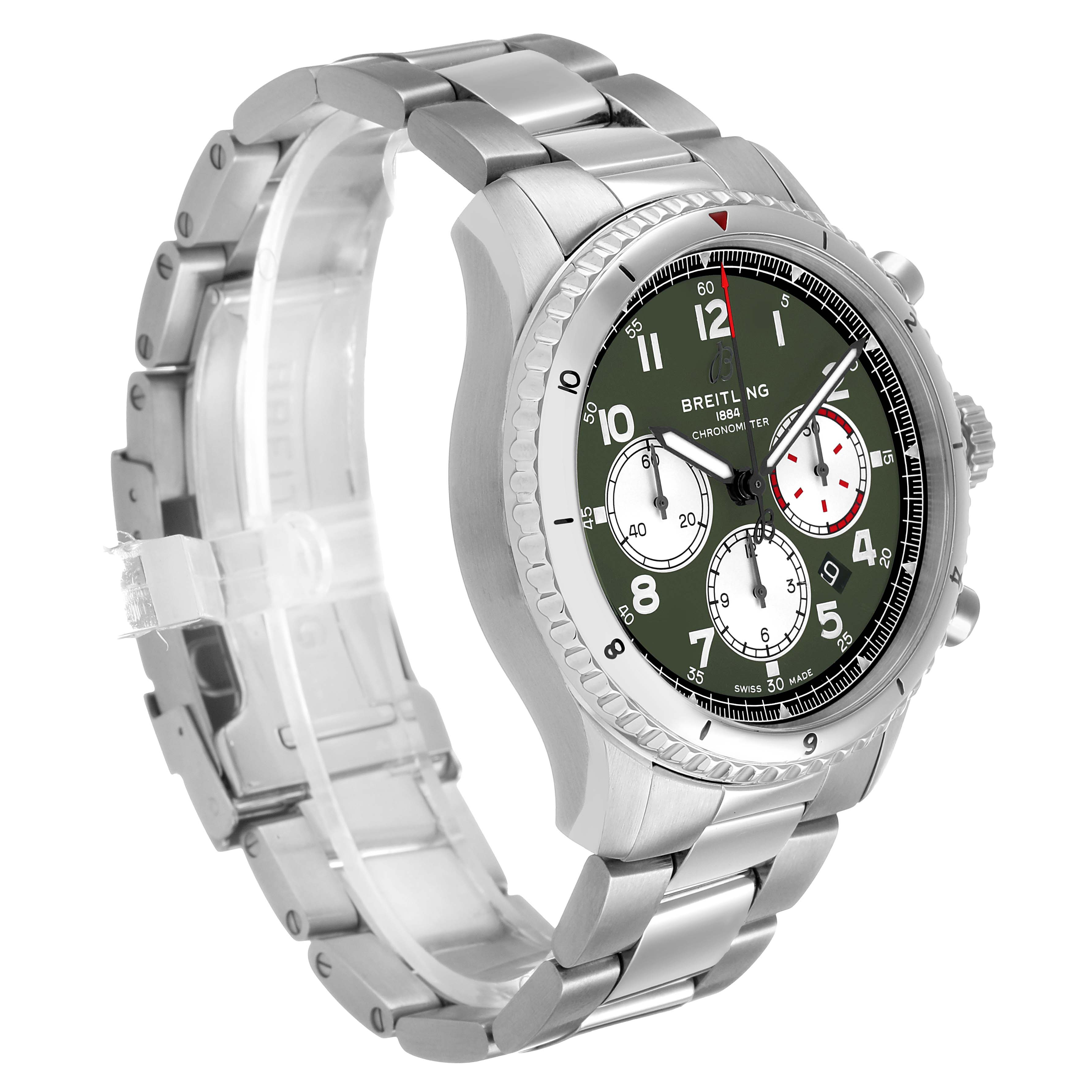 The Breitling Aviator AB01192A1L1A1 Men's Stainless Steel Green Dial watch is shown at a three-quarter angle, displaying the face, bezel, crown, pushers, and bracelet.
