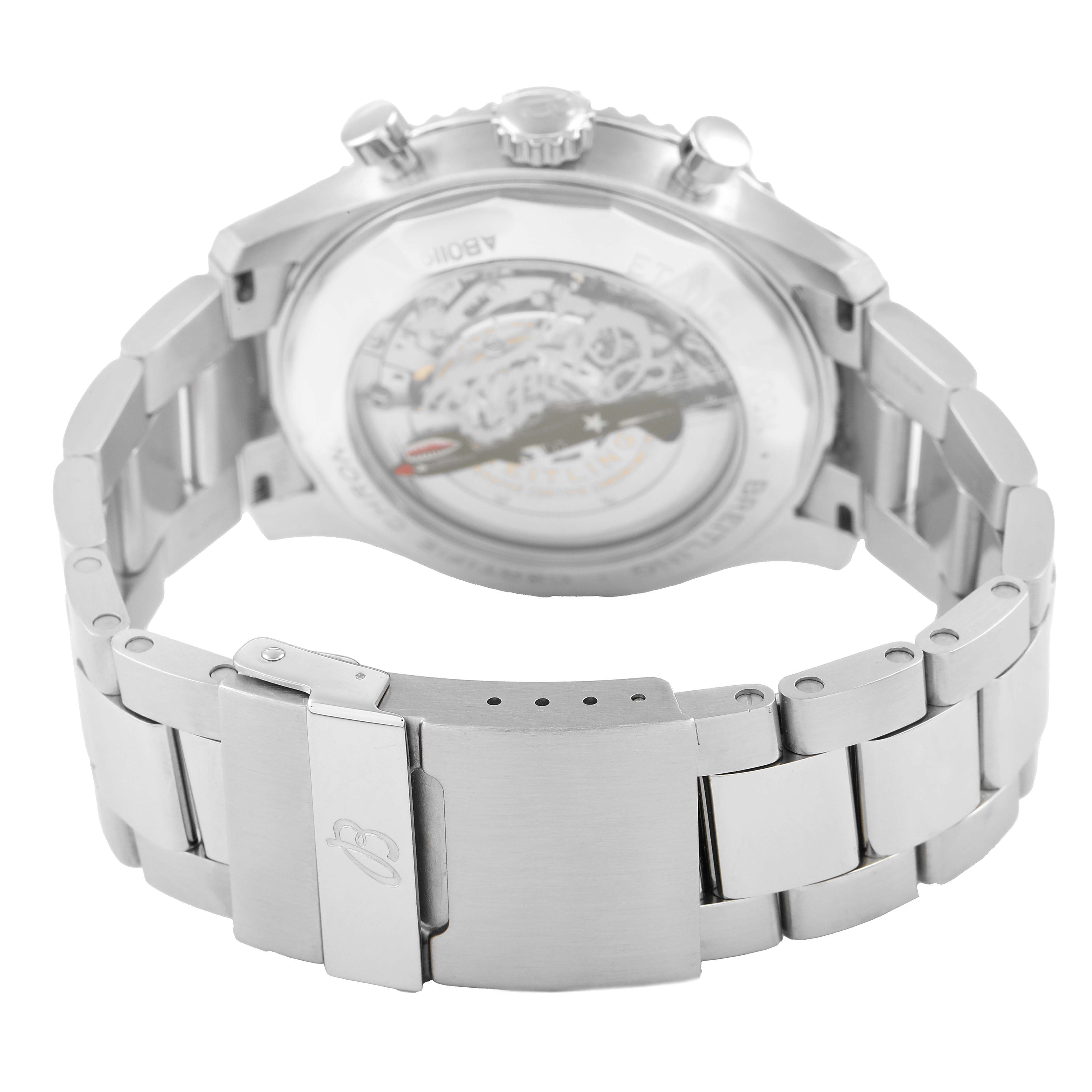 The image shows the back side and bracelet of the Breitling Aviator AB01192A1L1A1 Men's Stainless Steel Green Dial watch, highlighting its transparent caseback and clasp.