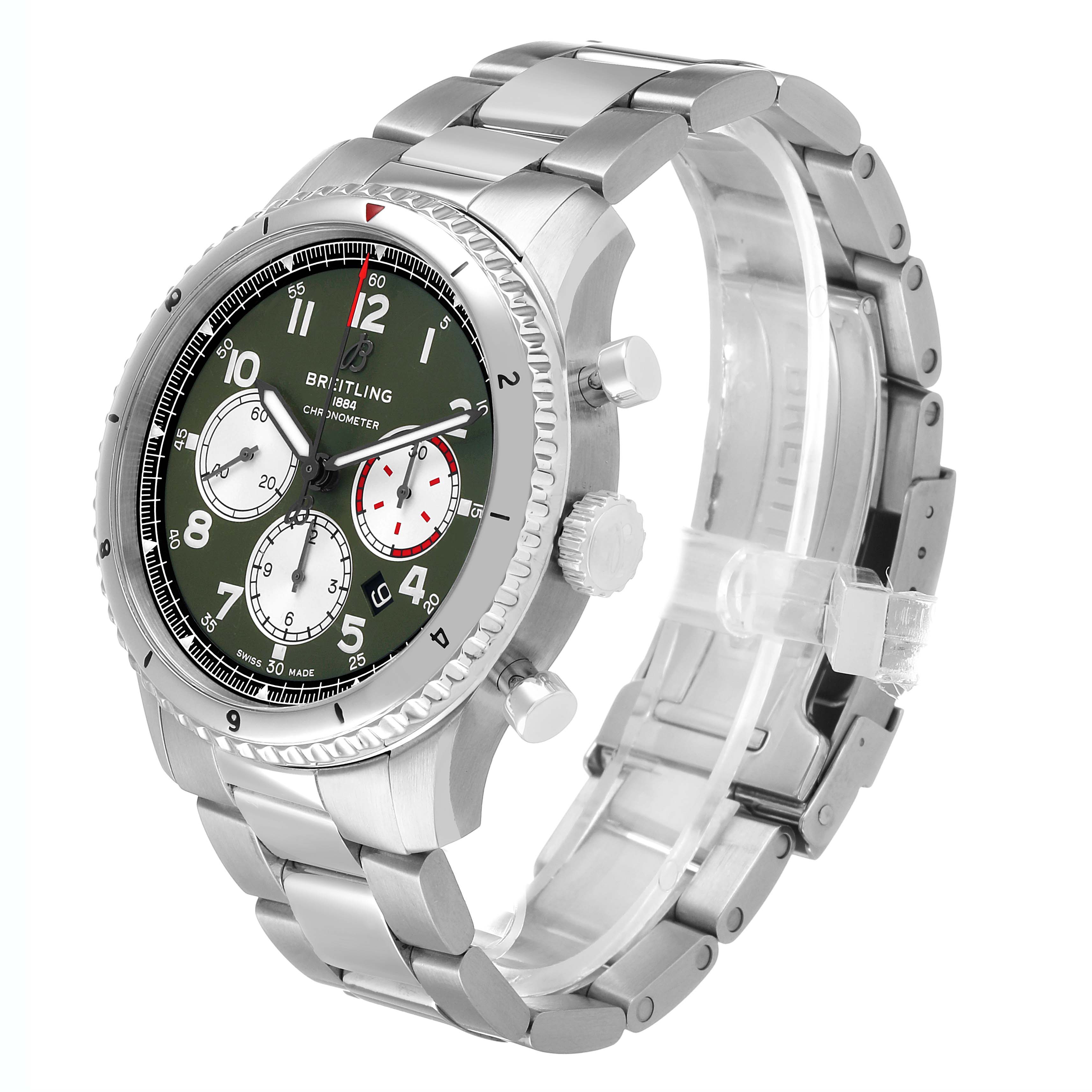 The Breitling Aviator AB01192A1L1A1 Men's Stainless Steel Green Dial watch is shown at a front-side angle, displaying its face, bezel, crown, and bracelet.