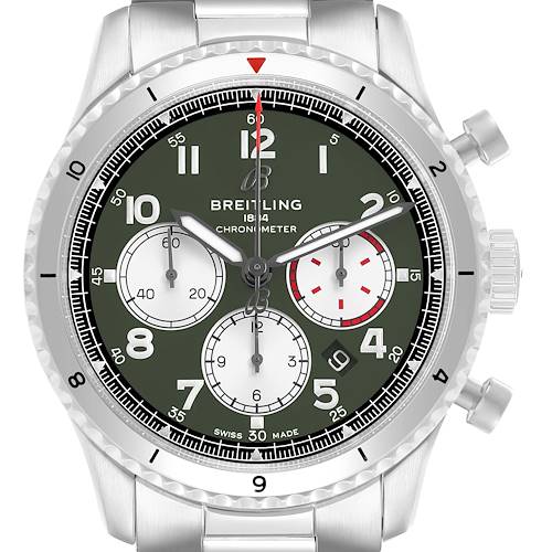 The Breitling Aviator AB01192A1L1A1 Men's Stainless Steel Green Dial watch is shown from a front view, highlighting the dial, bezel, and crown.