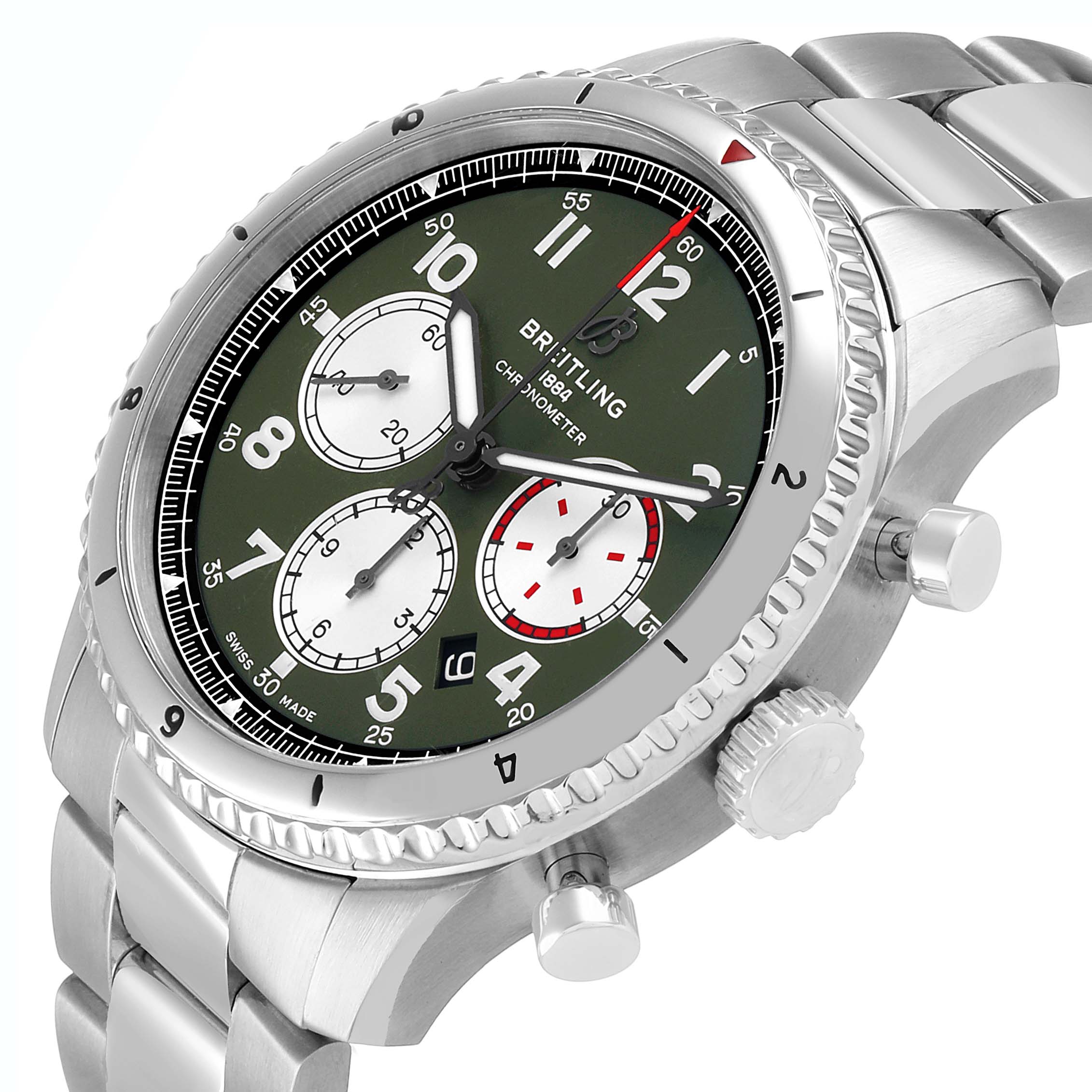 The Breitling Aviator AB01192A1L1A1 Men's Stainless Steel Green Dial model is shown at a slight angle, highlighting the bezel, crown, pushers, and bracelet.