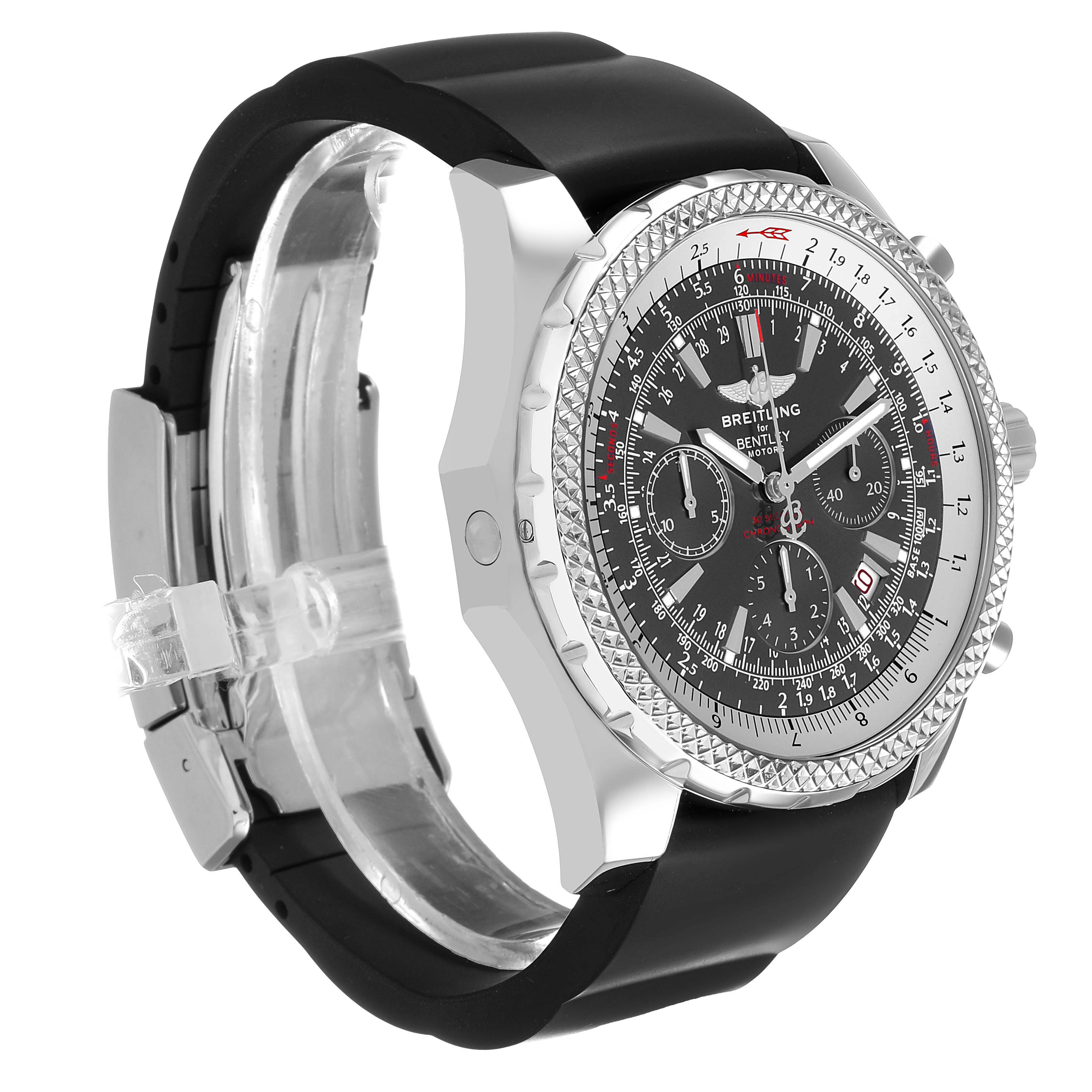 The Breitling Bentley A25362 / A252B14SP Men's Stainless Steel Grey Dial watch is shown at a three-quarter angle, highlighting its dial, bezel, and rubber strap.