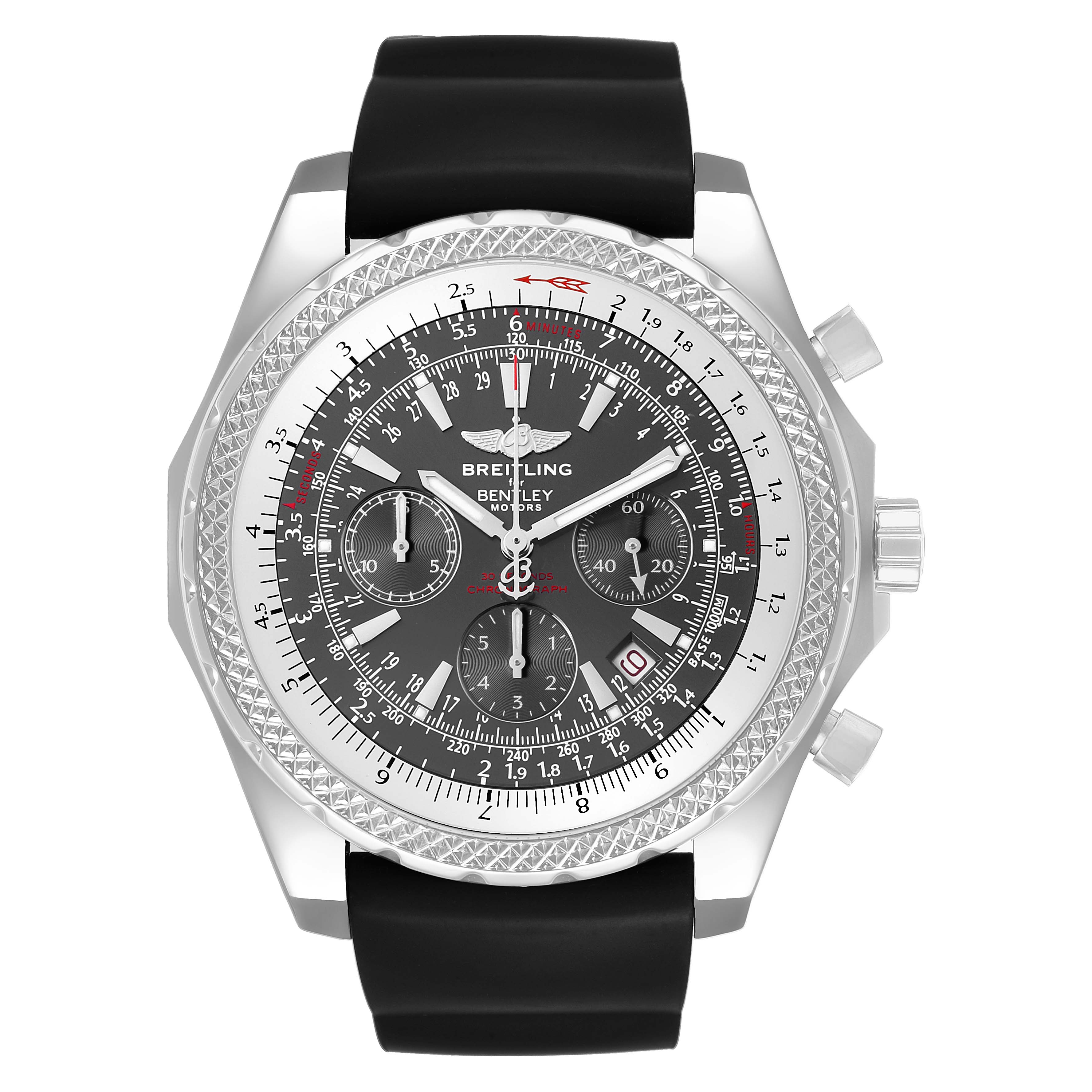 The Breitling Bentley A25362 / A252B14SP Men's Stainless Steel Grey Dial watch is shown from a front angle displaying its face, bezel, and pushers, with a black strap.