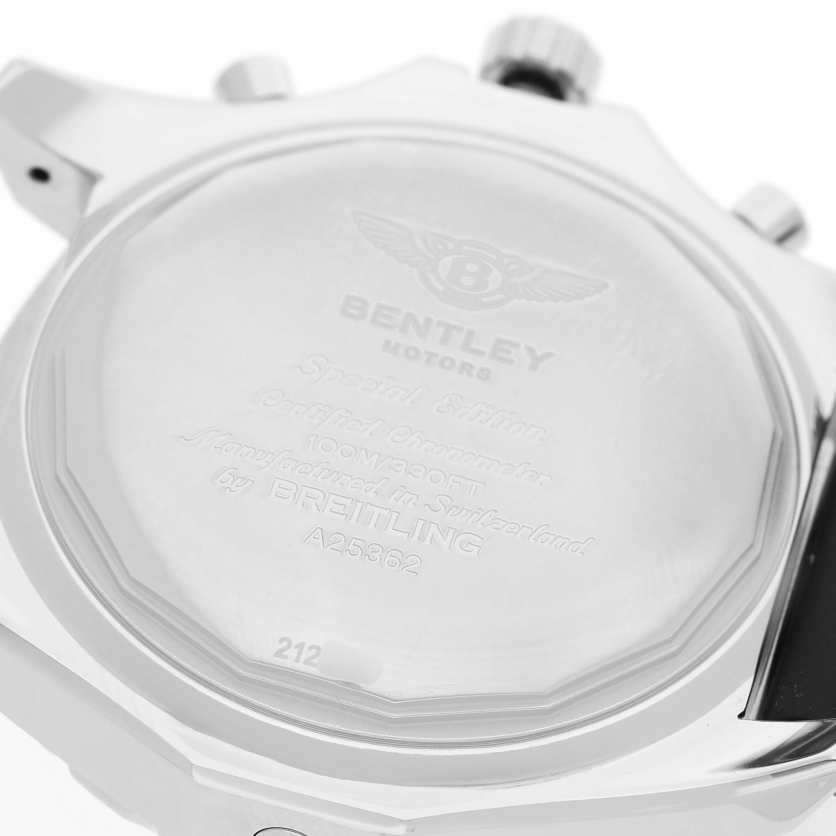 The image shows the back case of a Breitling Bentley A25362 / A252B14SP Men's Stainless Steel Grey Dial watch, highlighting the engravings and buttons.