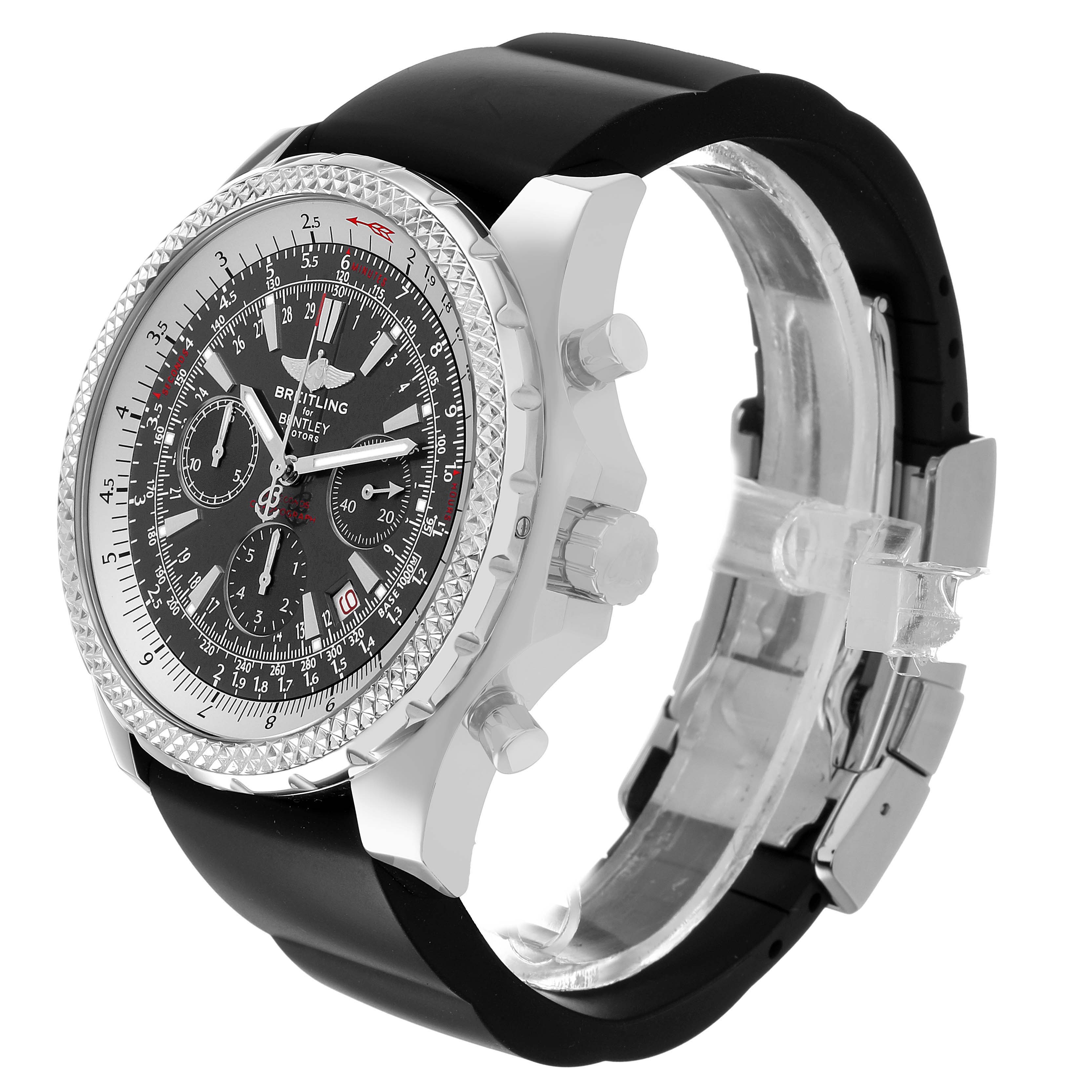 The Breitling Bentley A25362 / A252B14SP Men's Stainless Steel Grey Dial watch is shown at a three-quarter angle highlighting the bezel, crown, pushers, and strap.