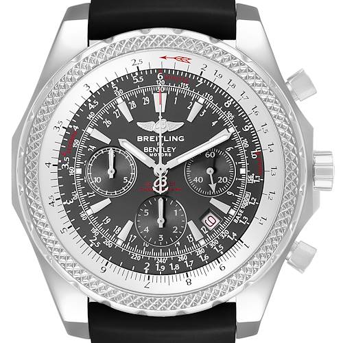 The Breitling Bentley A25362 / A252B14SP Men's Stainless Steel Grey Dial watch is shown from a straight-on angle, highlighting its dial, bezel, pushers, and strap.