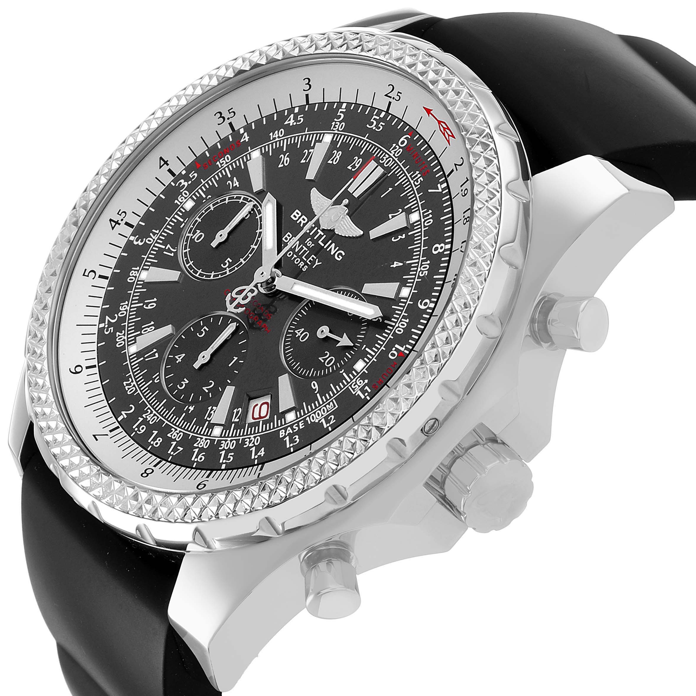 The image shows a Breitling Bentley A25362 / A252B14SP Men's Stainless Steel Grey Dial watch at a 3/4 angle, displaying the dial, bezel, crown, pushers, and strap.