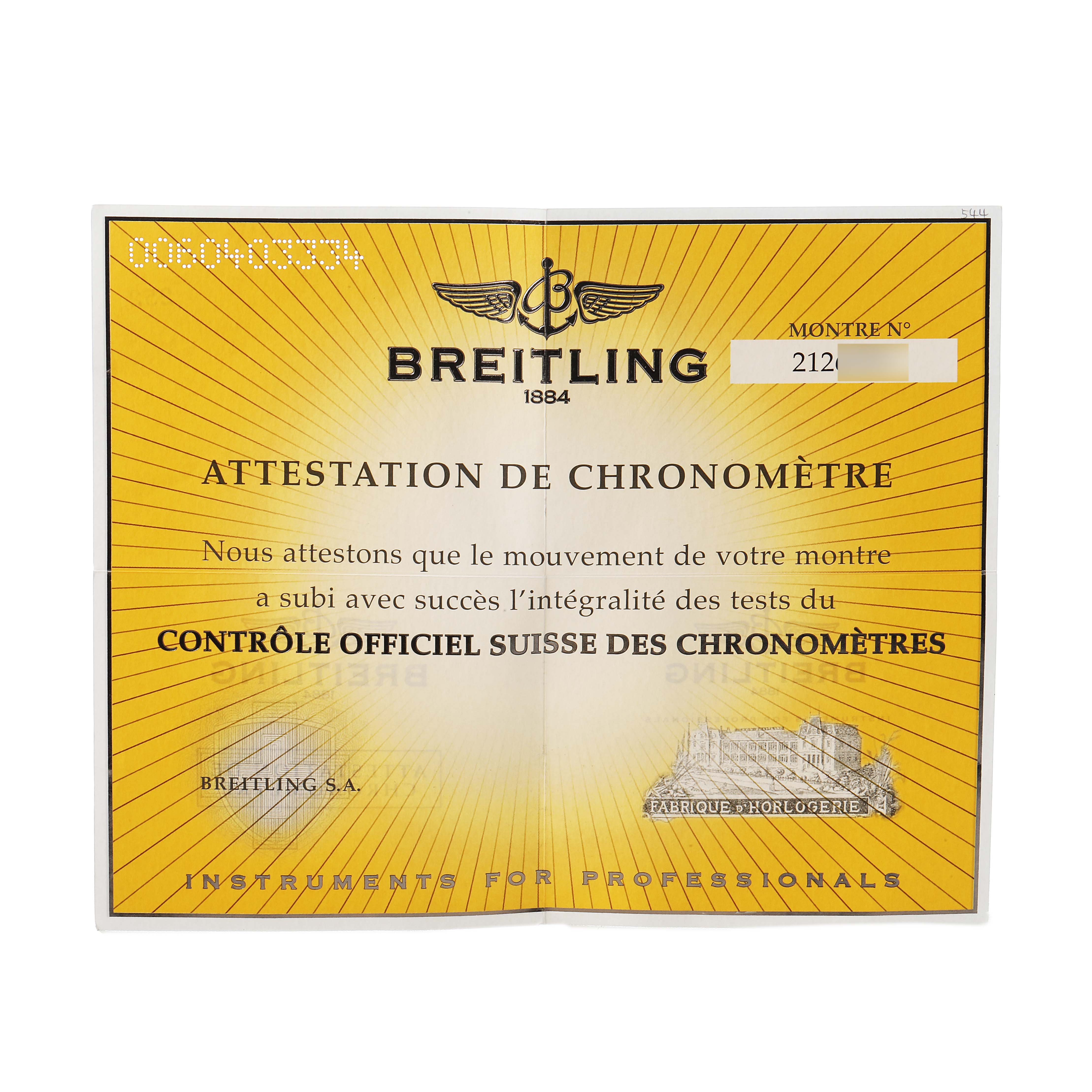 The image shows a certification card for a Bentley model by Breitling, highlighting its chronometer attestation.