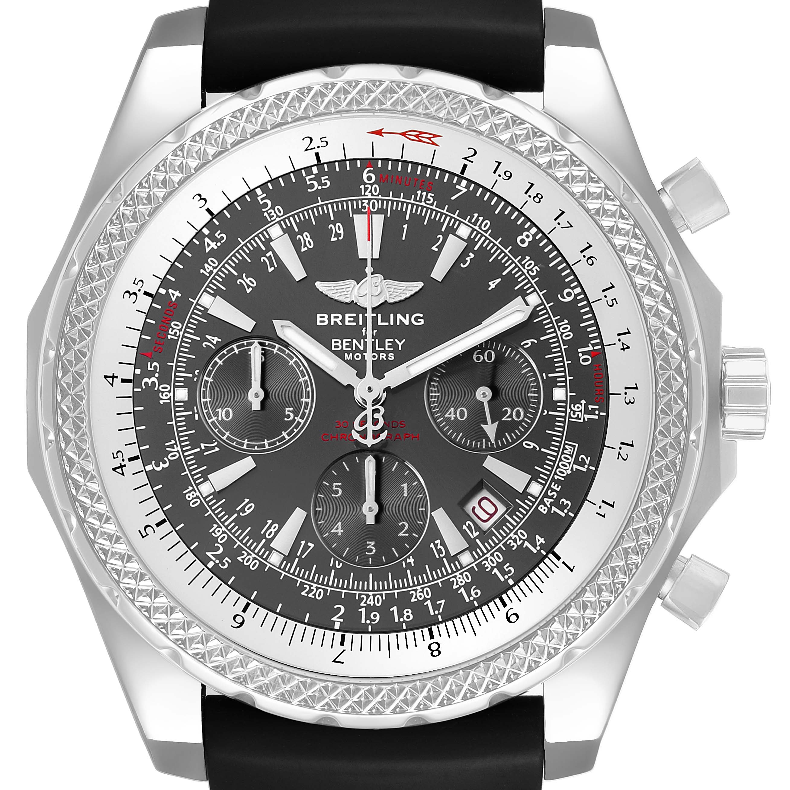 The Breitling Bentley A25362 / A252B14SP Men's Stainless Steel Grey Dial watch is shown from a front angle, displaying the face, bezel, and side crown.