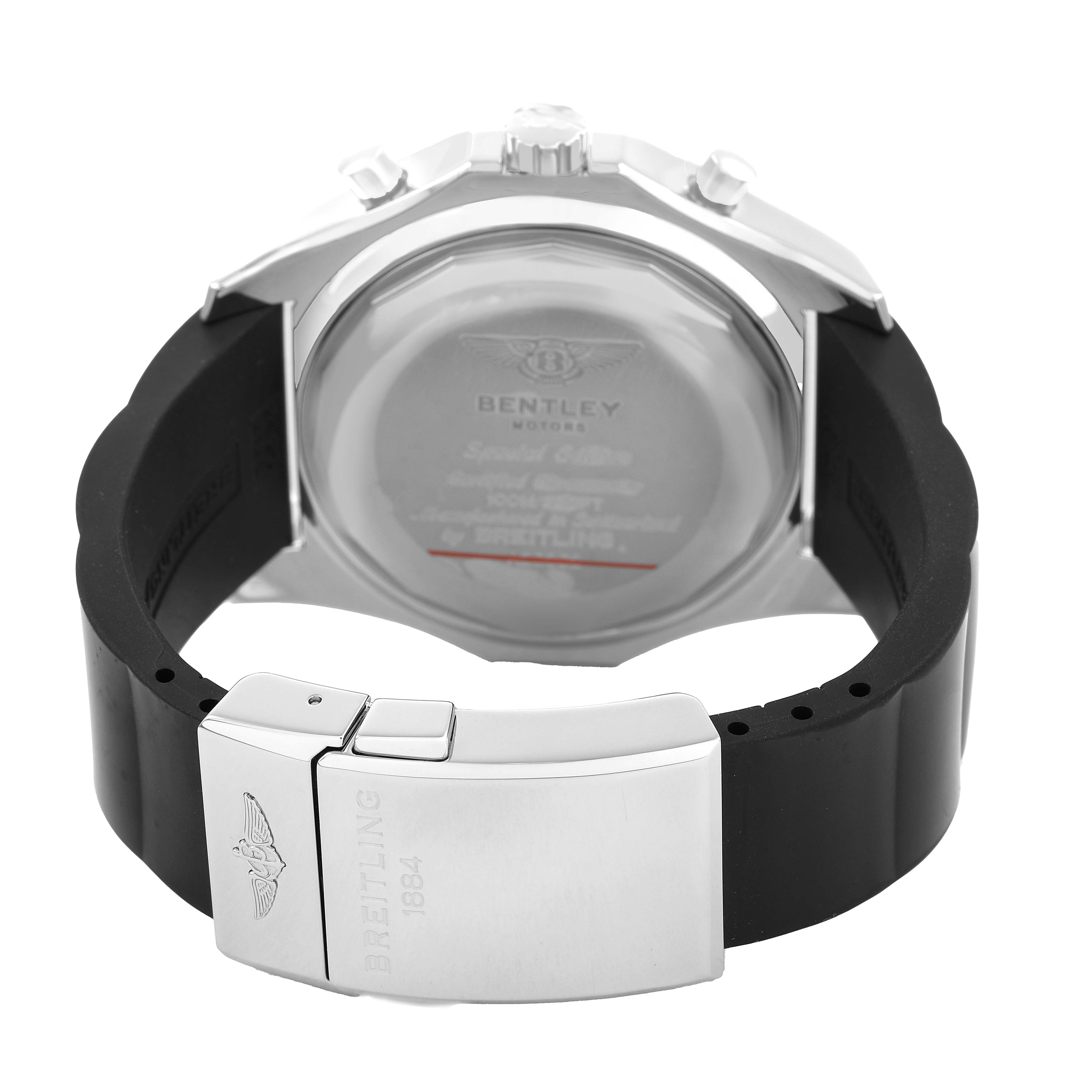 The image shows the backside of the Breitling Bentley A25362 / A252B14SP Men's Stainless Steel Grey Dial watch featuring its clasp and case back.