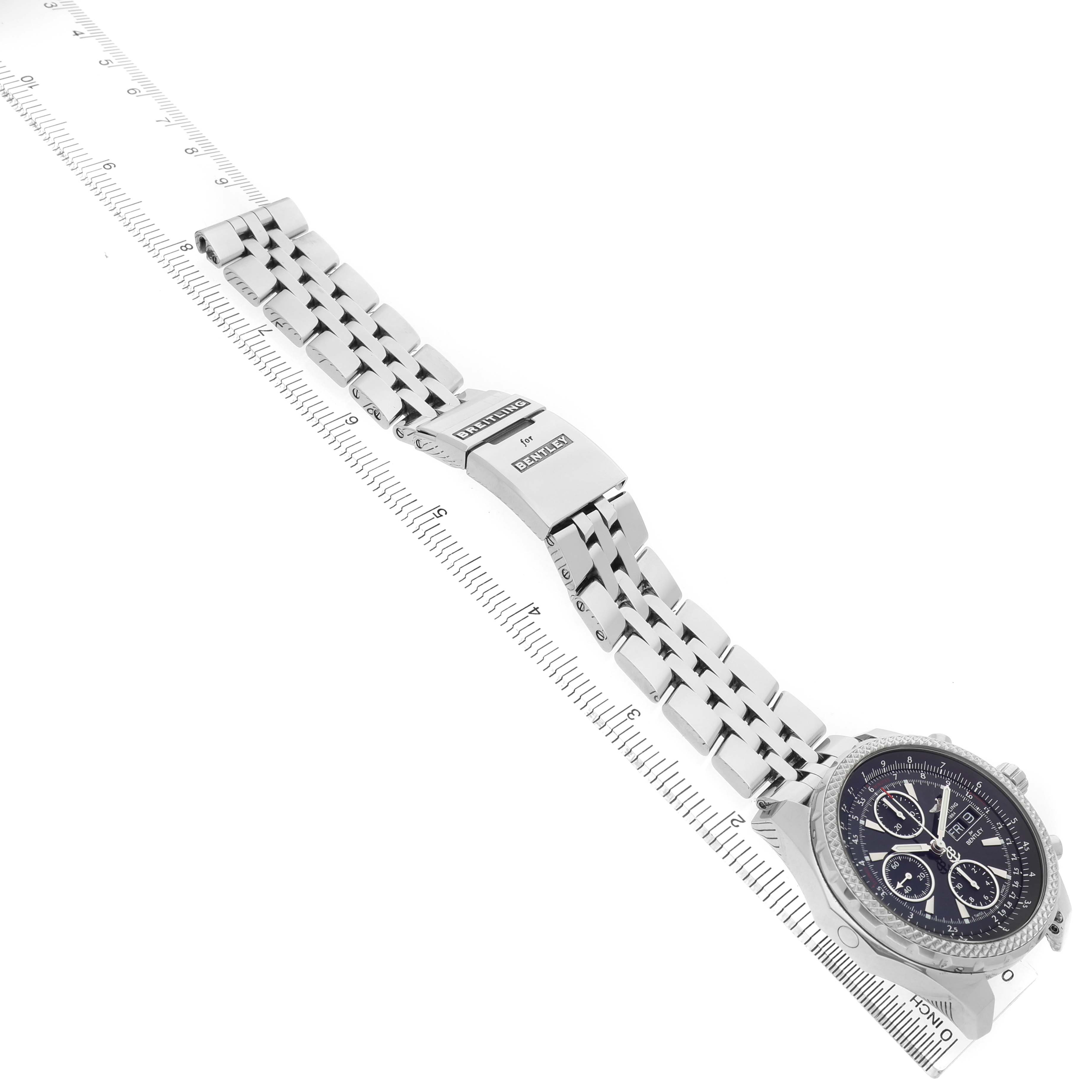 The Bentley watch by Breitling is shown at an angled view, displaying the dial, case, and bracelet with a visible clasp.
