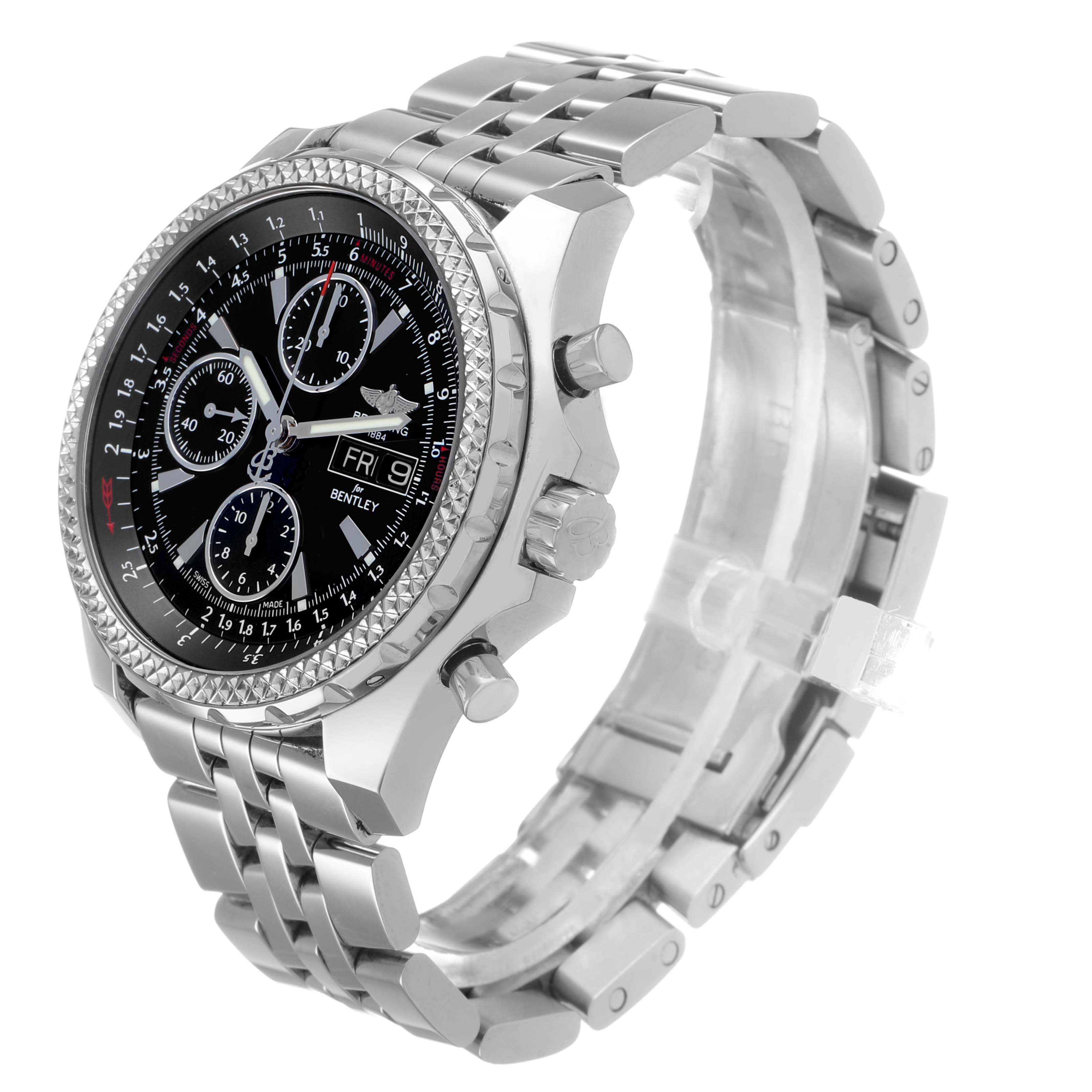 The Bentley by Breitling watch is shown at a three-quarter angle, highlighting its face, bezel, pushers, and metal bracelet.