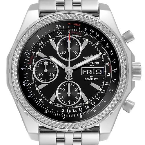 The image shows a front view of the Breitling for Bentley watch, displaying its dial, bezel, and metal bracelet.