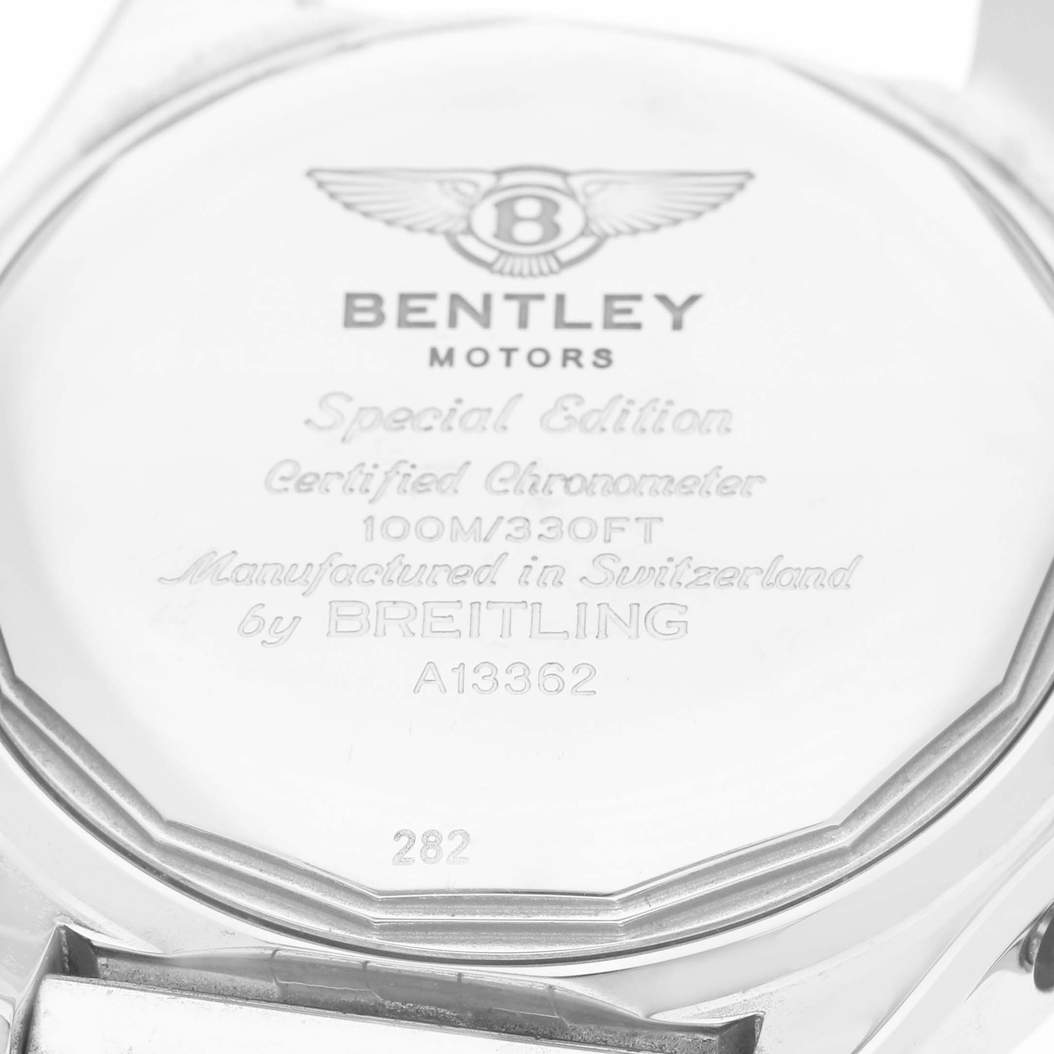 The Bentley by Breitling watch is shown from the back, highlighting the engraved details on its case back.