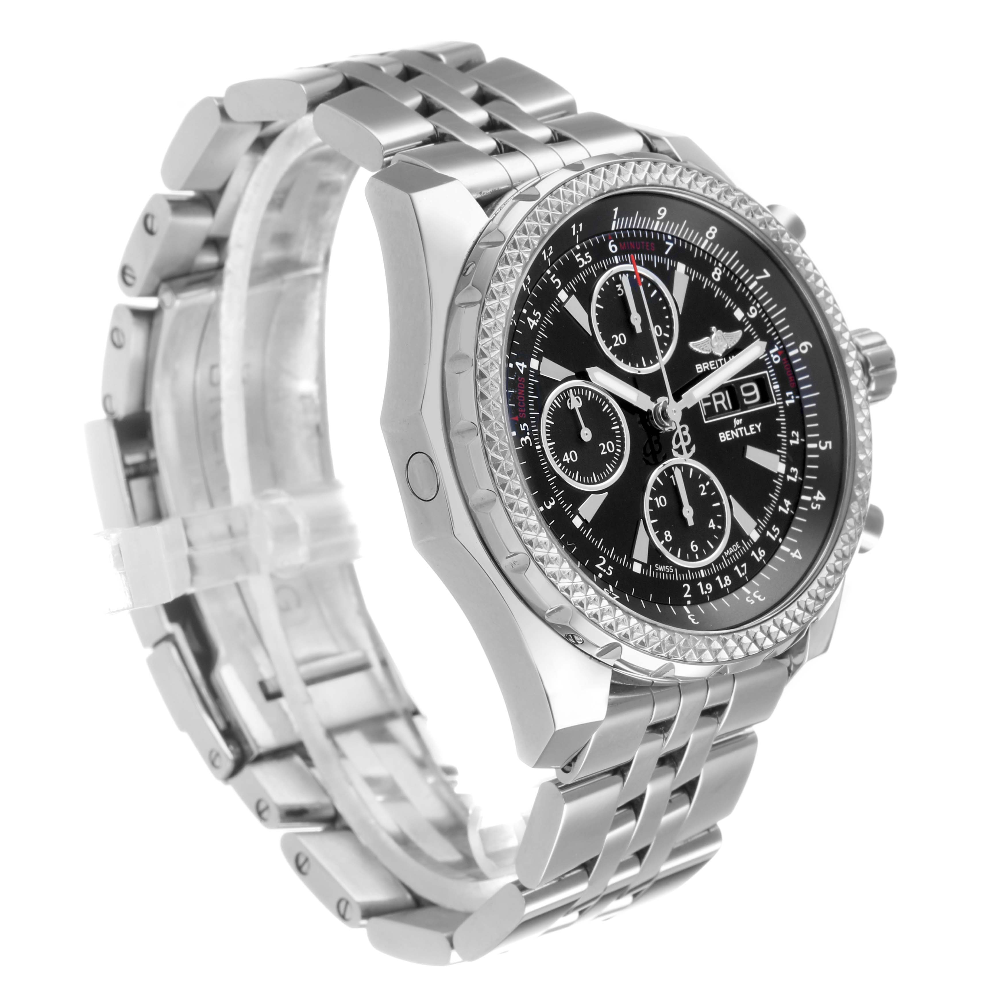 The image shows a Breitling Bentley A13362 Men's Stainless Steel Black Dial watch at a three-quarter angle, displaying the face, bezel, and metal band.