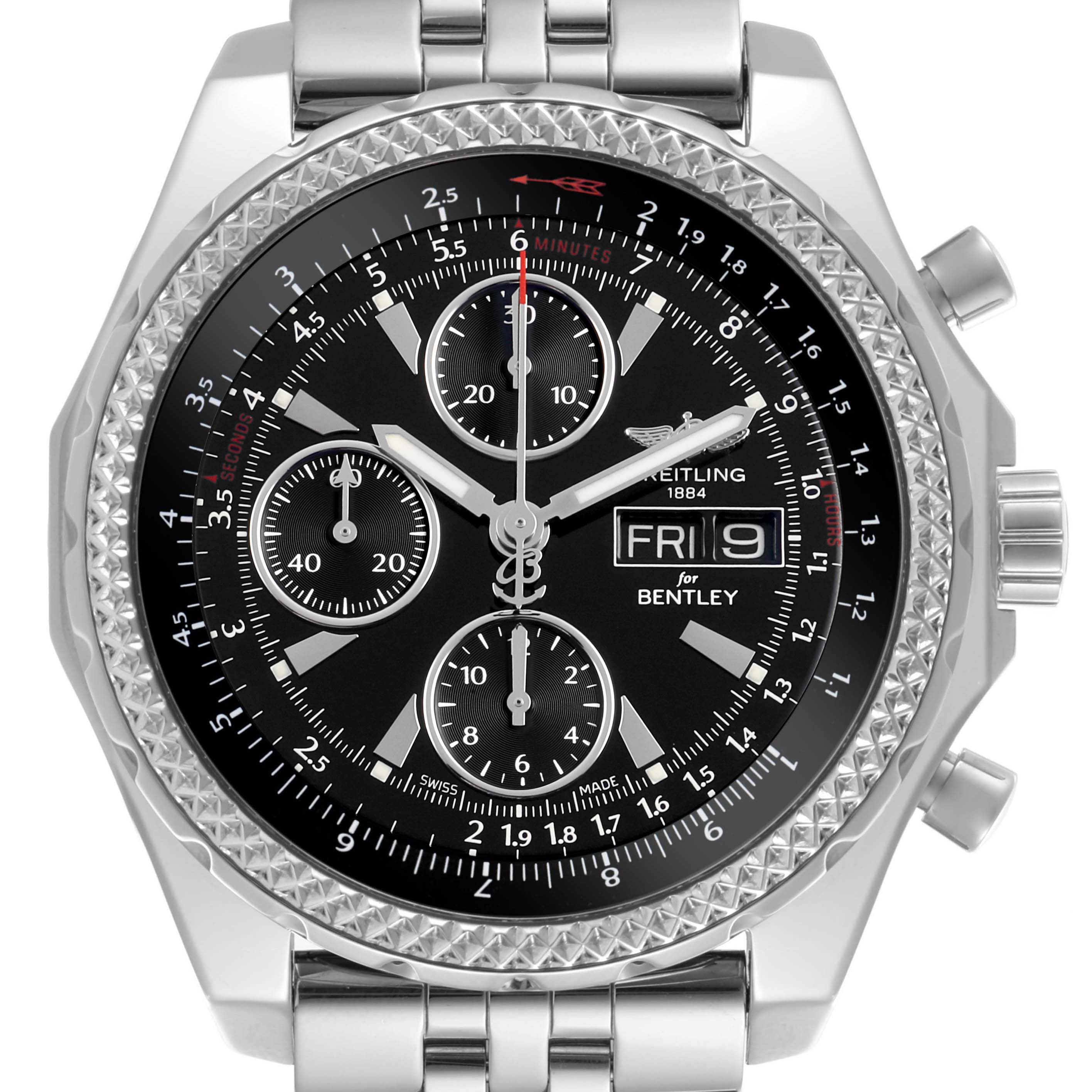 The Breitling Bentley A13362 Men's Stainless Steel Black Dial watch is shown from a front angle, highlighting its dial, chronograph sub-dials, and stainless steel bracelet.