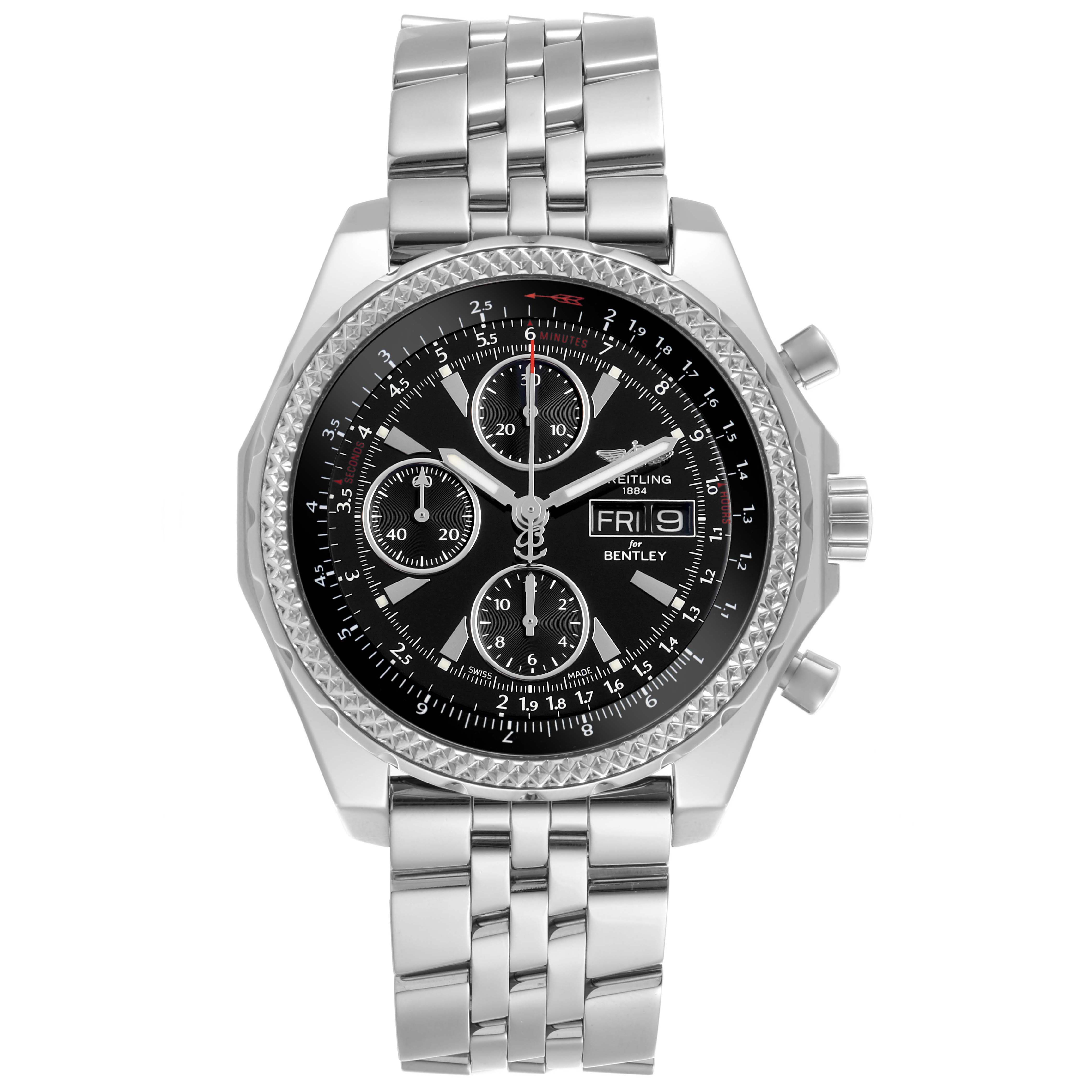 The Breitling Bentley A13362 Men's Stainless Steel Black Dial watch is shown from a front angle, displaying the face, bracelet, and side pushers.