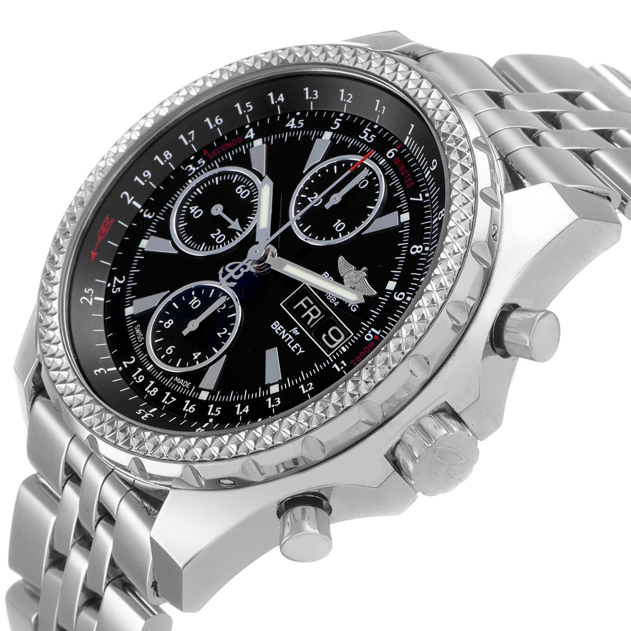The Breitling Bentley A13362 Men's Stainless Steel Black Dial watch is shown at an angled side view, displaying the bezel, dial, subdials, and polished bracelet.