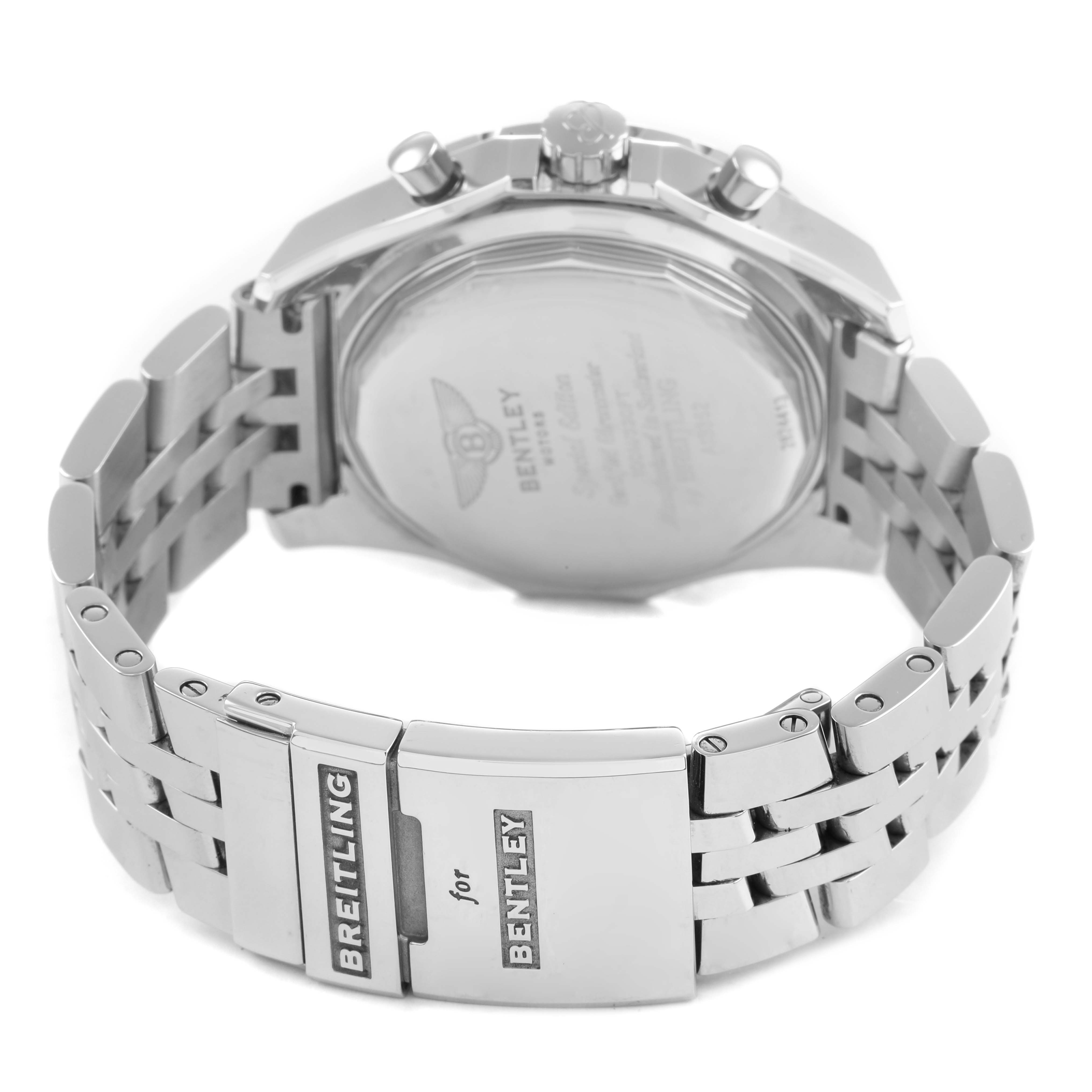 The image shows the back angle of a Breitling for Bentley watch, highlighting the clasp and bracelet details.