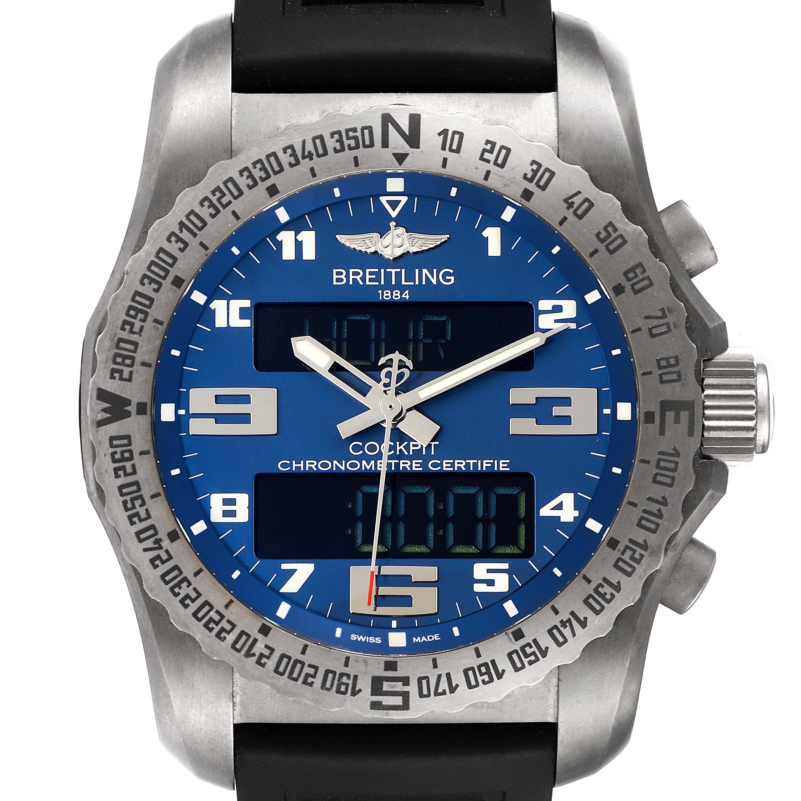 The image shows a front view of the Breitling Professional Series EB5010 Men's Titanium Blue Dial EB5010 Men's Titanium Blue Dial Cockpit watch featuring a blue dial and digital displays.