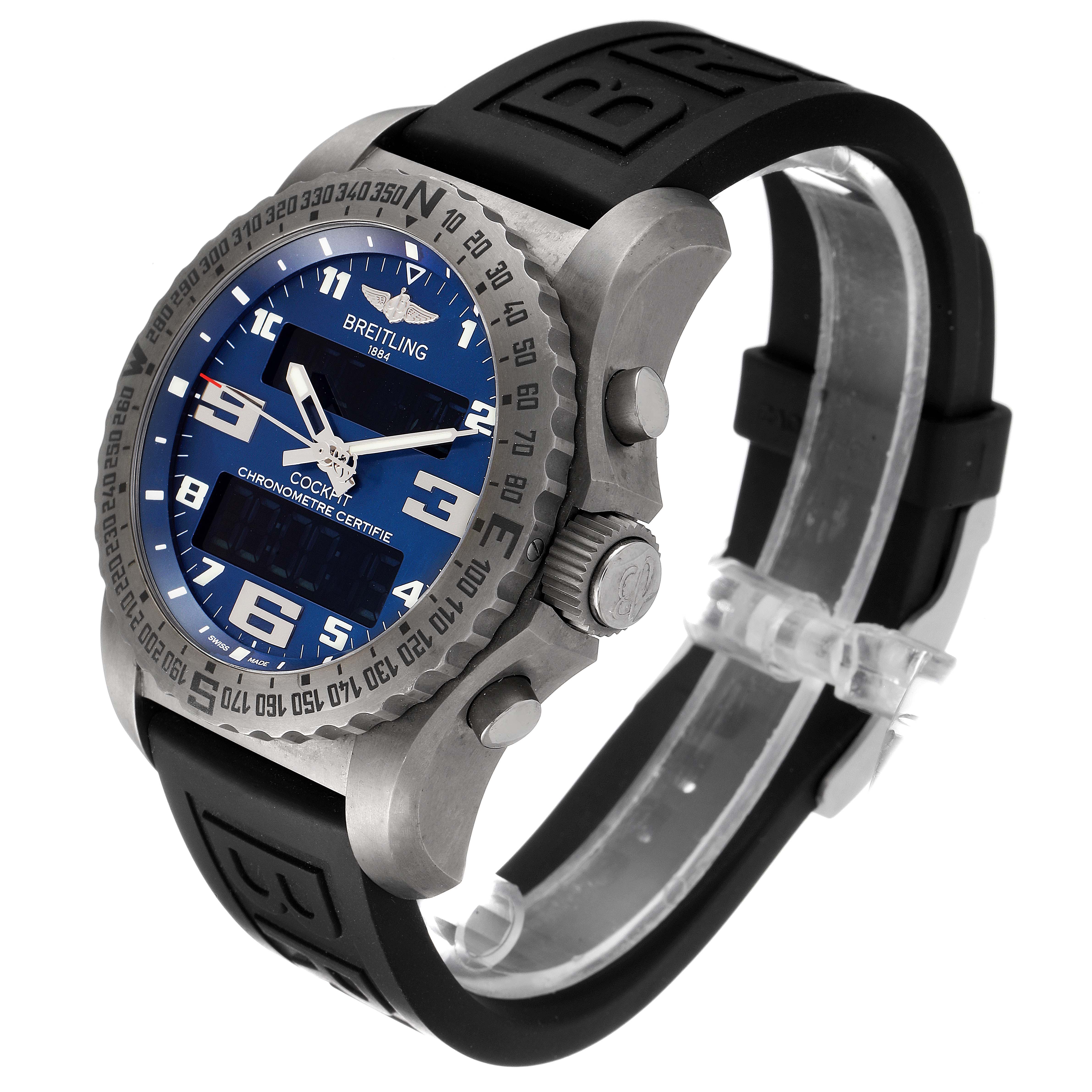 The image shows a Breitling Professional Series EB5010 Men's Titanium Blue Dial EB5010 Men's Titanium Blue Dial Chronometre Certifie model, angled to display the face, bezel, and rubber strap.