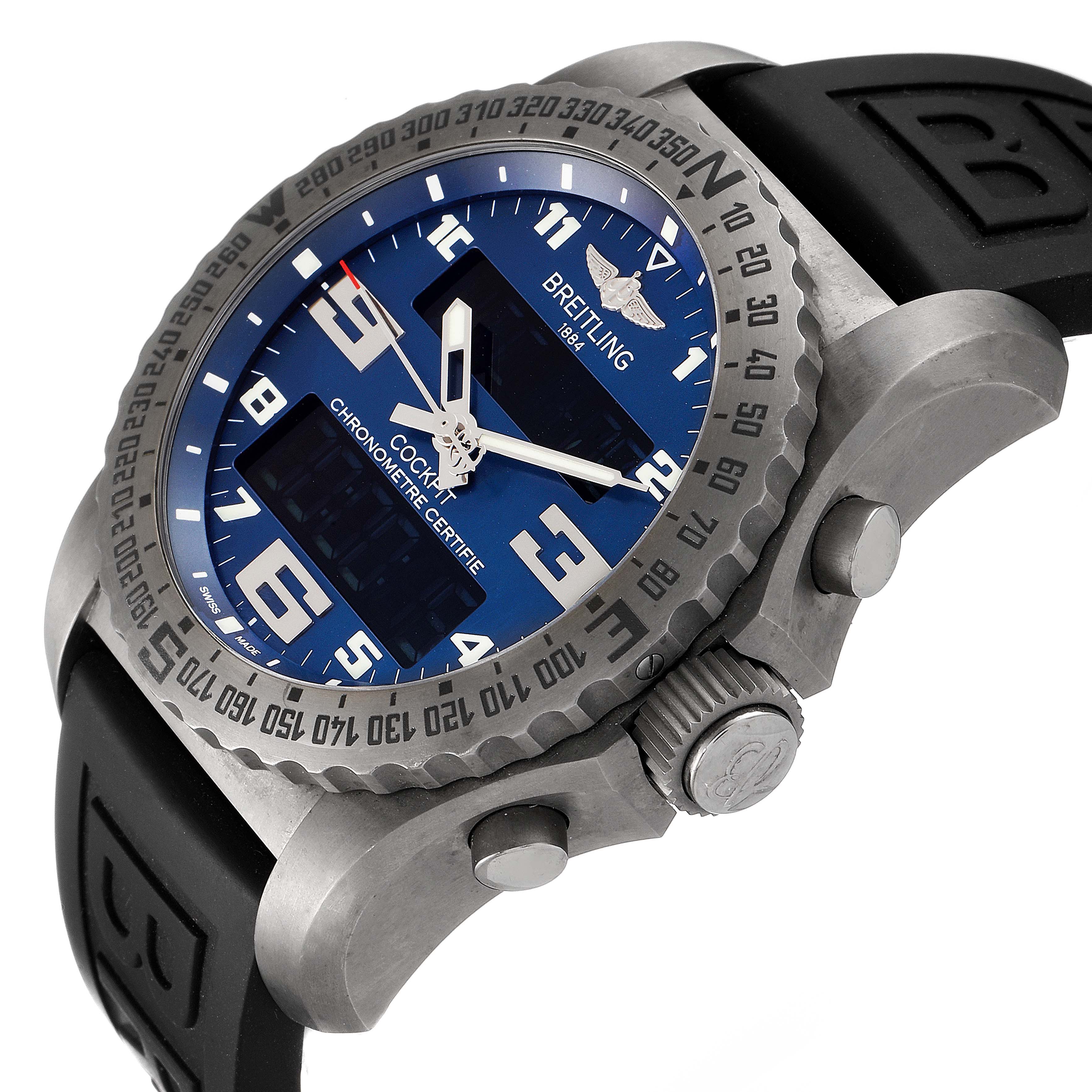 The image shows the Breitling Professional Series EB5010 Men's Titanium Blue Dial EB5010 Men's Titanium Blue Dial model from a front-side angle, highlighting the dial, bezel, crown, and strap.