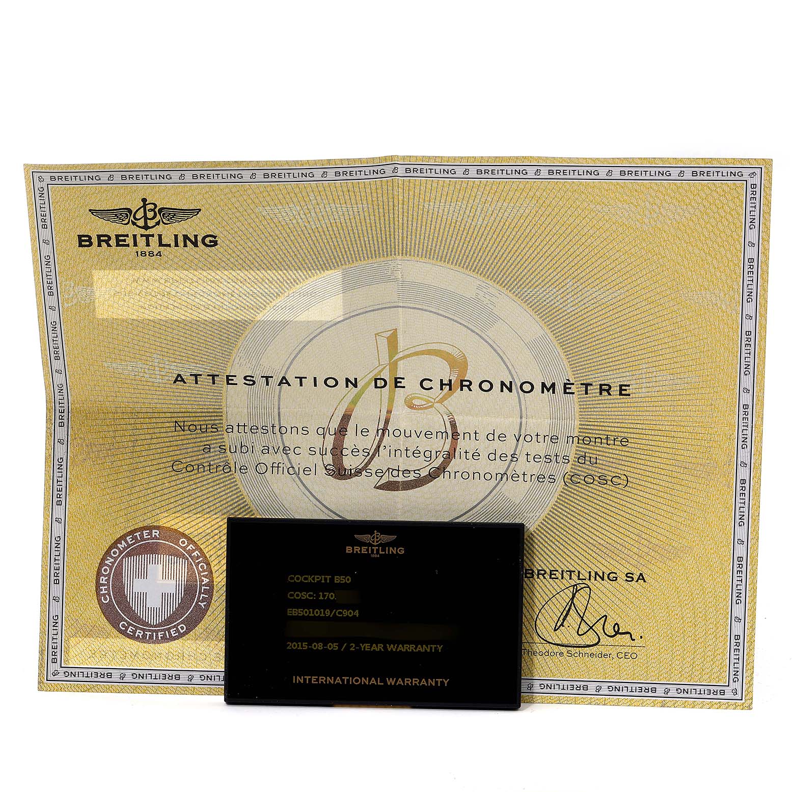 The image shows a warranty card and certificate for the Breitling Professional Series EB5010 Men's Titanium Blue Dial EB5010 Men's Titanium Blue Dial watch, model Cockpit B50.