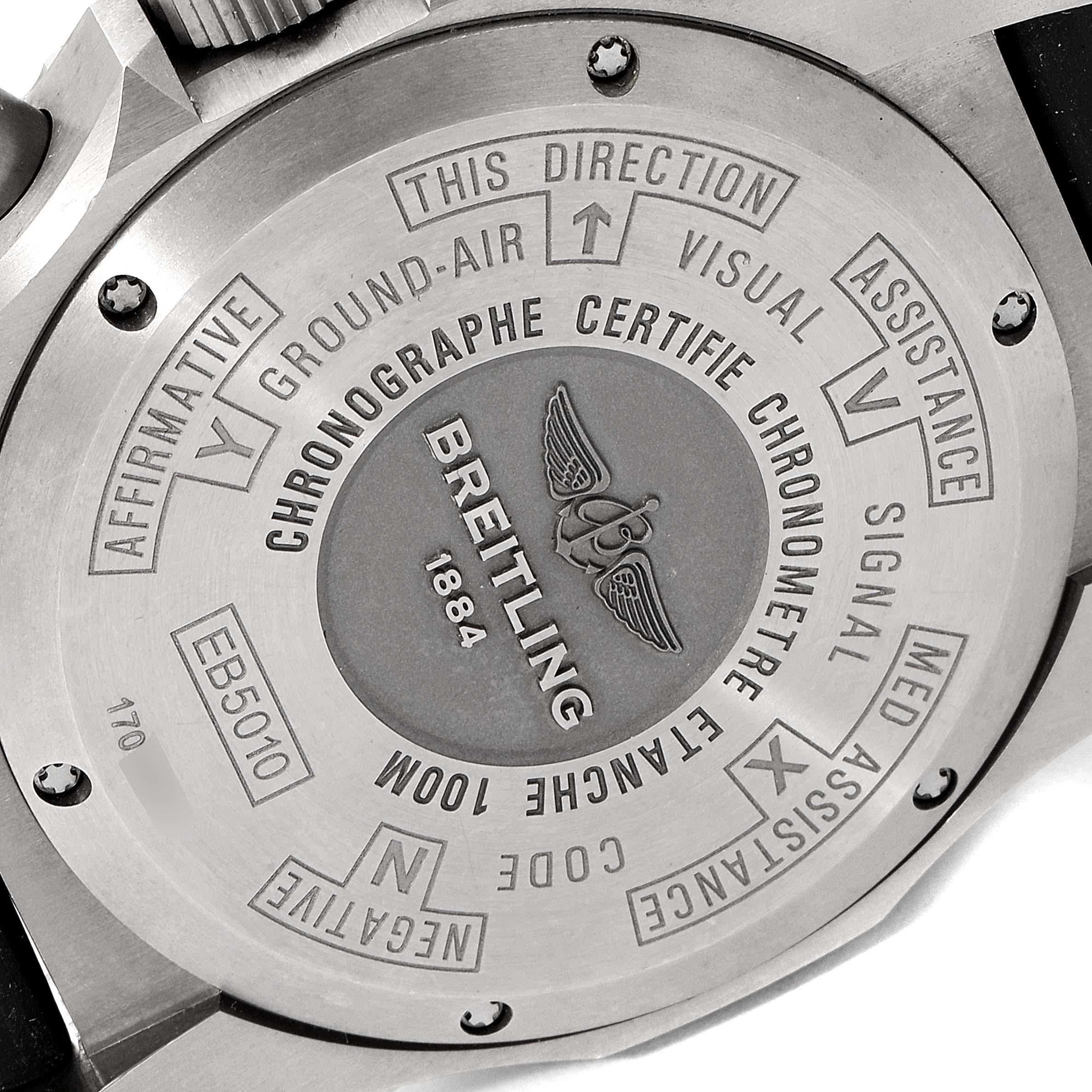 The image shows the back case of a Breitling Professional Series EB5010 Men's Titanium Blue Dial EB5010 Men's Titanium Blue Dial watch, highlighting the engravings and branding.