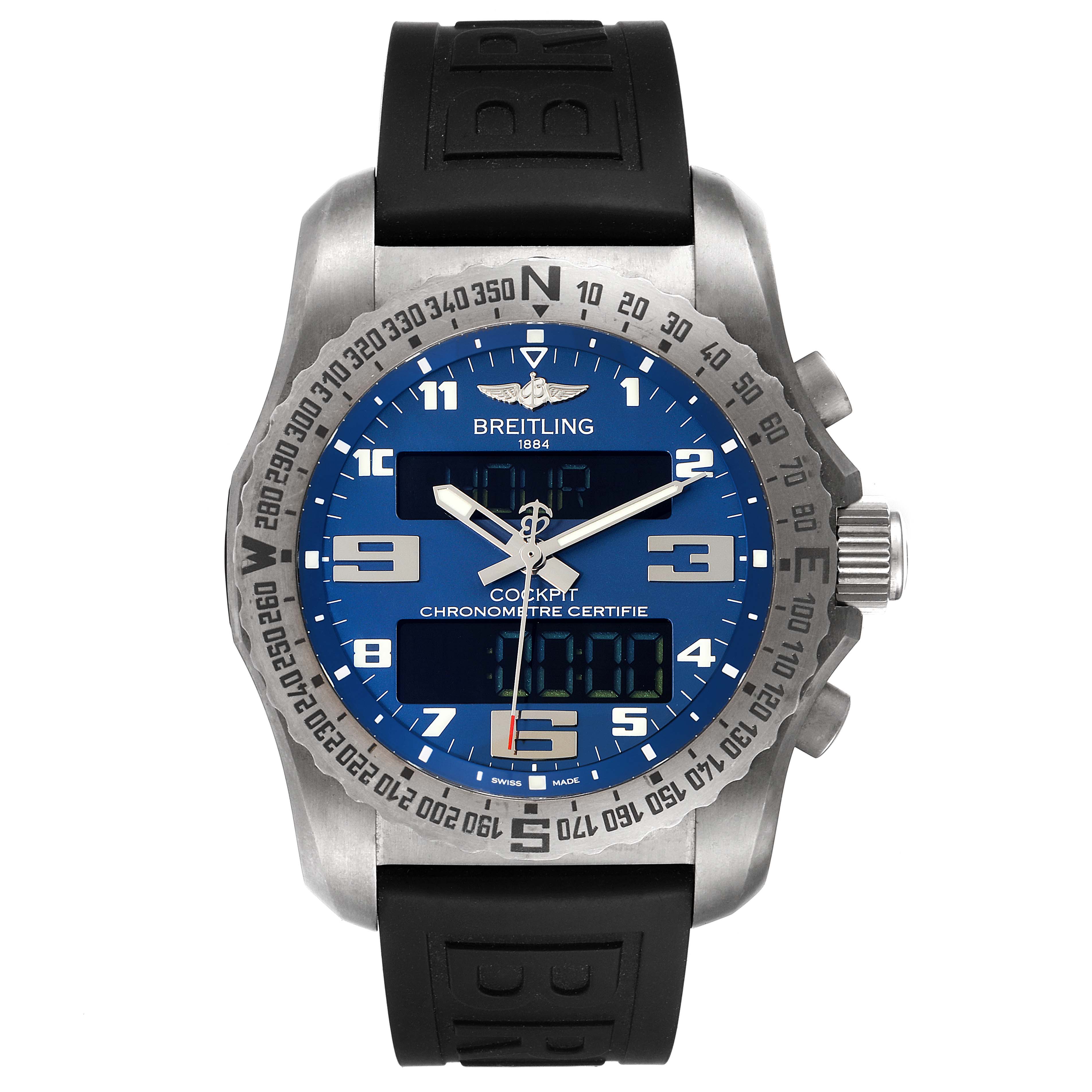 This Breitling Professional Series EB5010 Men's Titanium Blue Dial EB5010 Men's Titanium Blue Dial model watch is shown from a front angle, displaying its blue dial, bezel, and rubber strap.