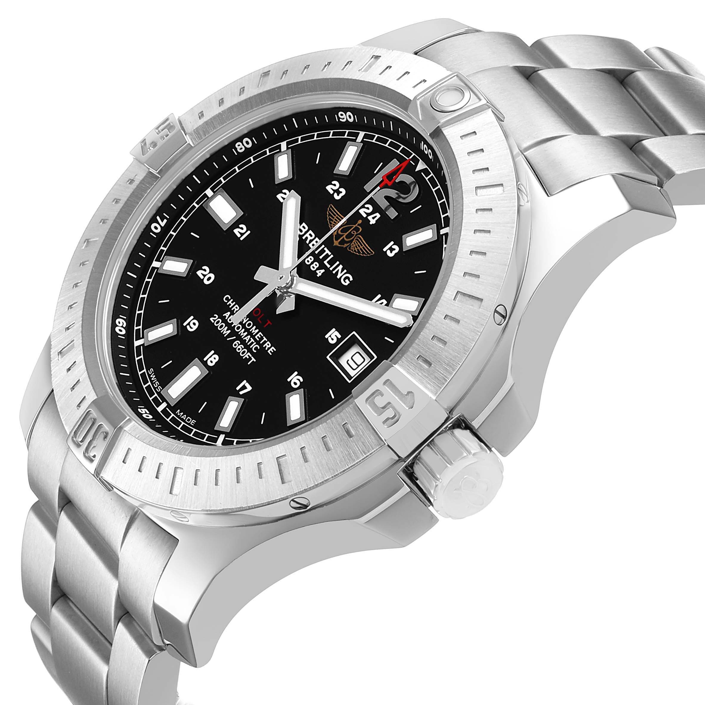 The Breitling Colt A1738811/BD44 Men's Stainless Steel Black Dial watch is shown at an angled side view, highlighting the bezel, face, and stainless steel bracelet.
