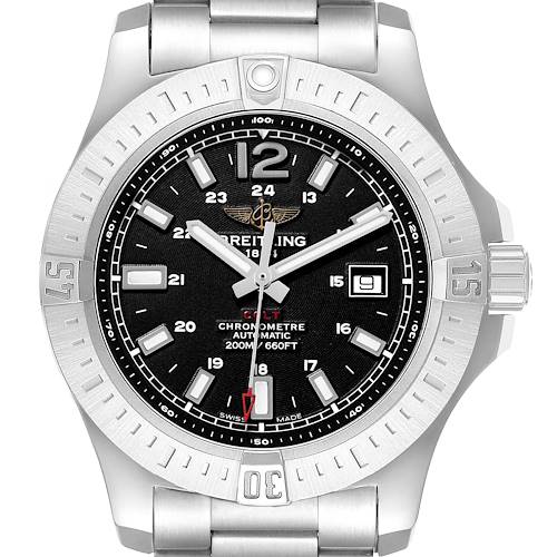The Breitling Colt A1738811/BD44 Men's Stainless Steel Black Dial watch is shown from a top-down angle featuring its bezel, dial, hands, and date display.