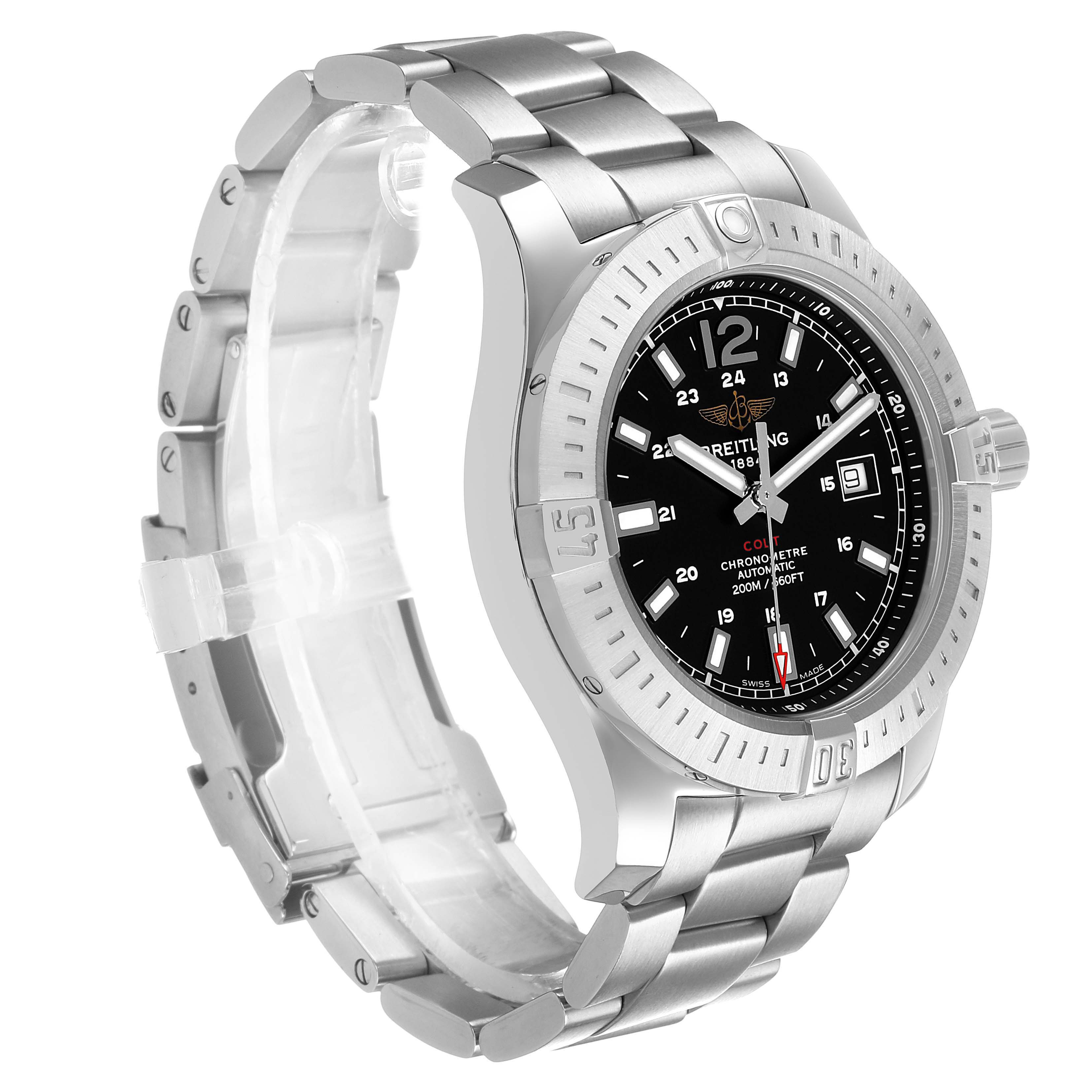 The Breitling Colt A1738811/BD44 Men's Stainless Steel Black Dial watch is shown at a three-quarter angle, highlighting the bracelet, bezel, and dial.