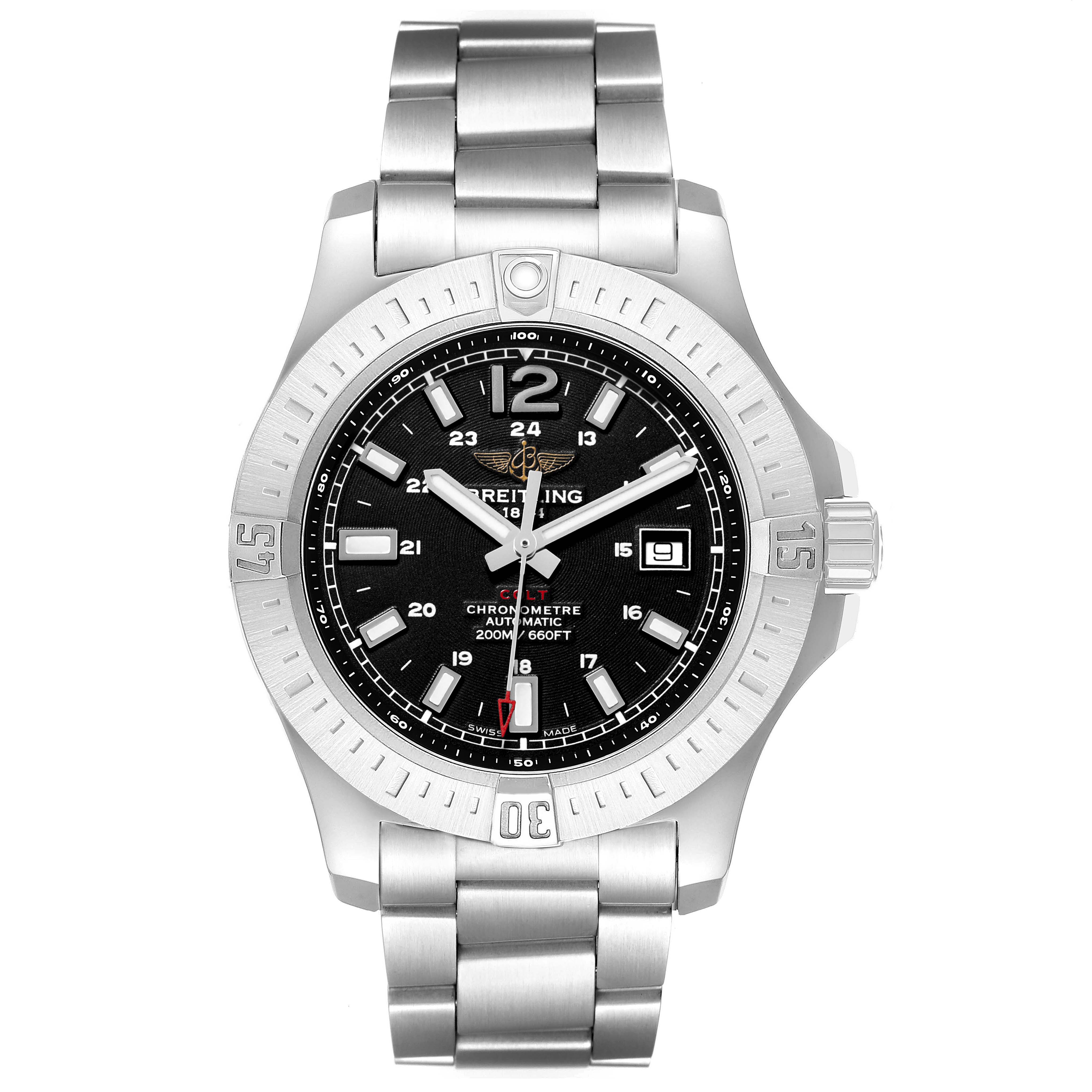 The Breitling Colt A1738811/BD44 Men's Stainless Steel Black Dial watch is shown from a top-down angle, featuring its dial, bezel, crown, and bracelet.