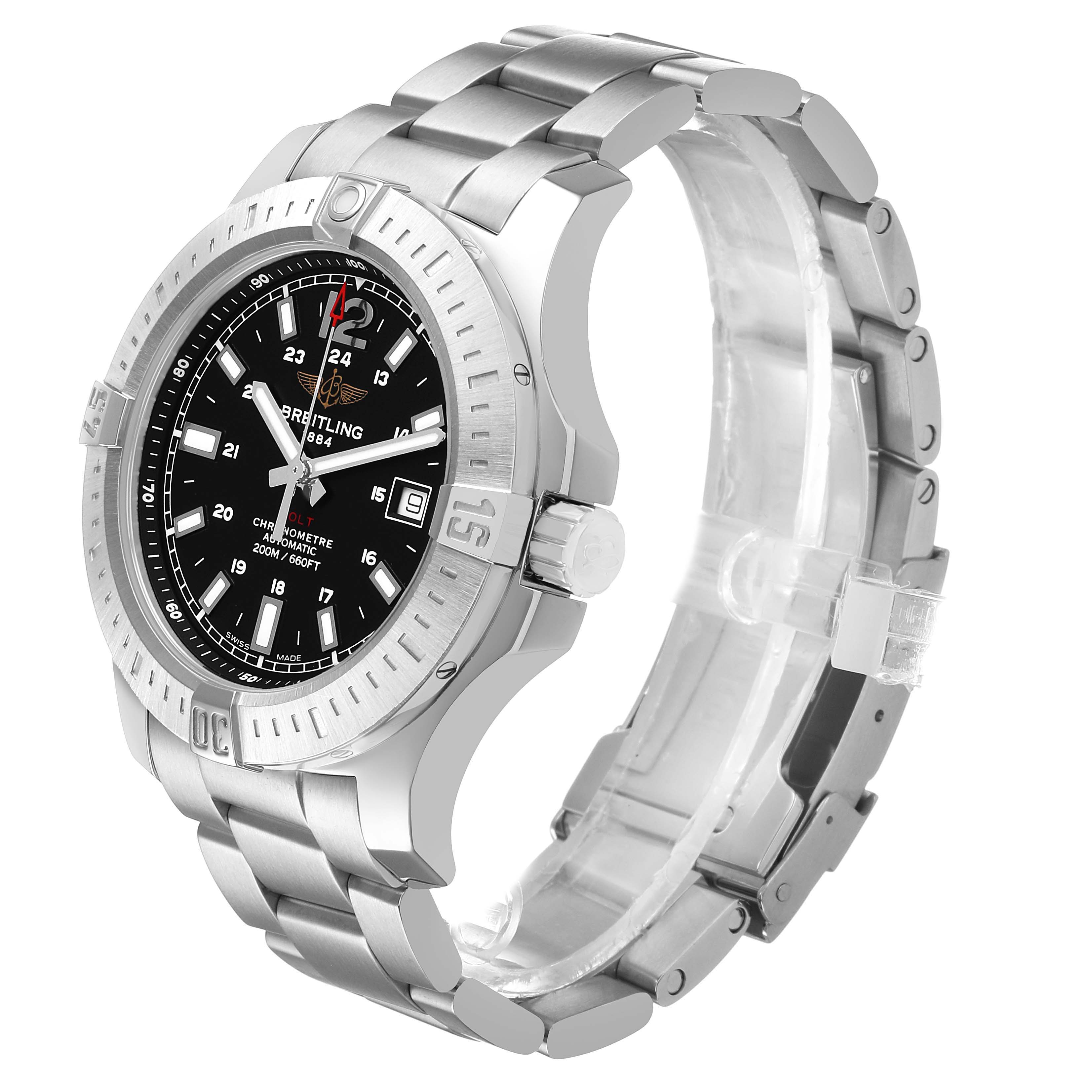 The image shows a Breitling Colt A1738811/BD44 Men's Stainless Steel Black Dial watch at a three-quarter angle highlighting the stainless steel case and bracelet.