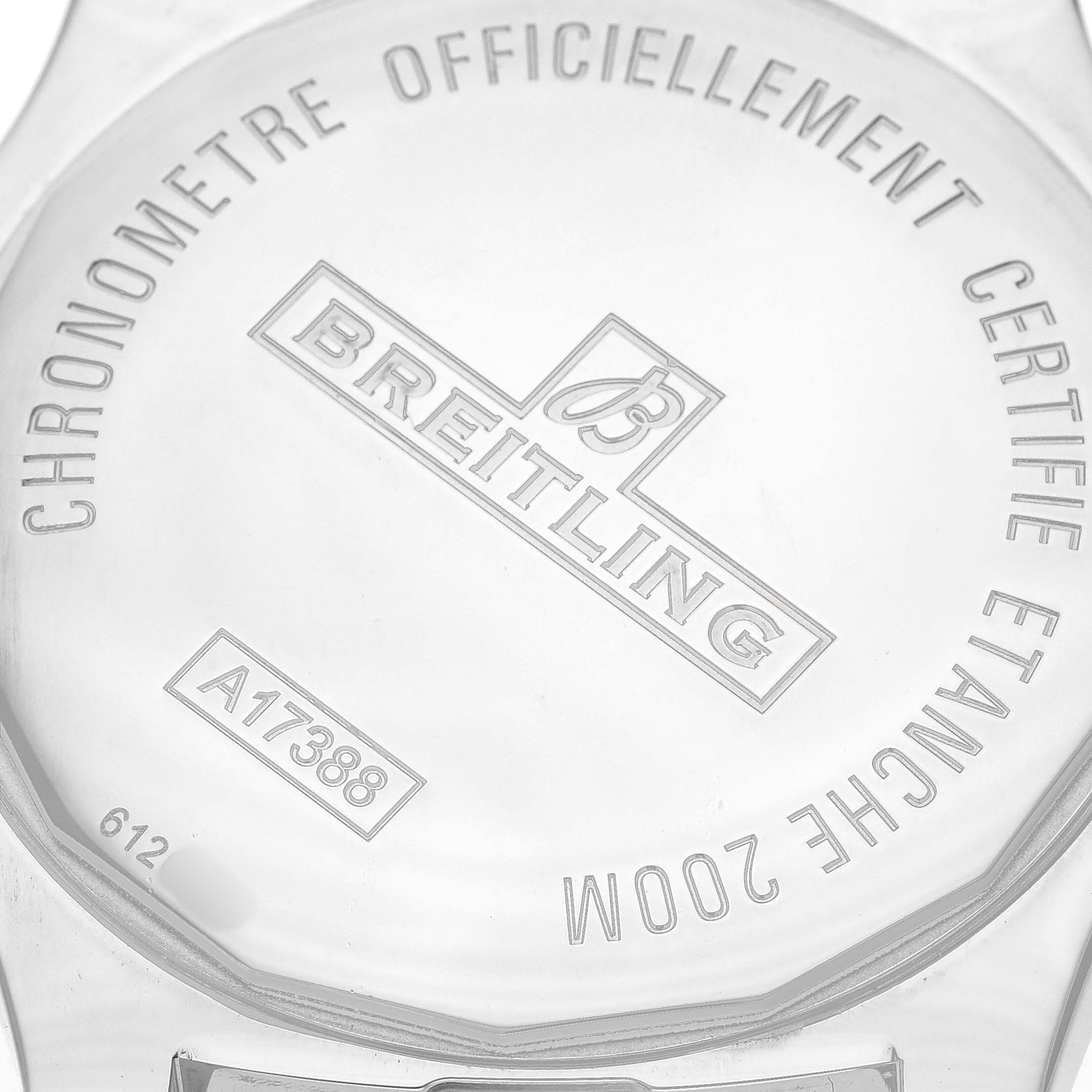 The image shows the back case of the Breitling Colt A1738811/BD44 Men's Stainless Steel Black Dial watch, displaying engraved details including the model number A17388.